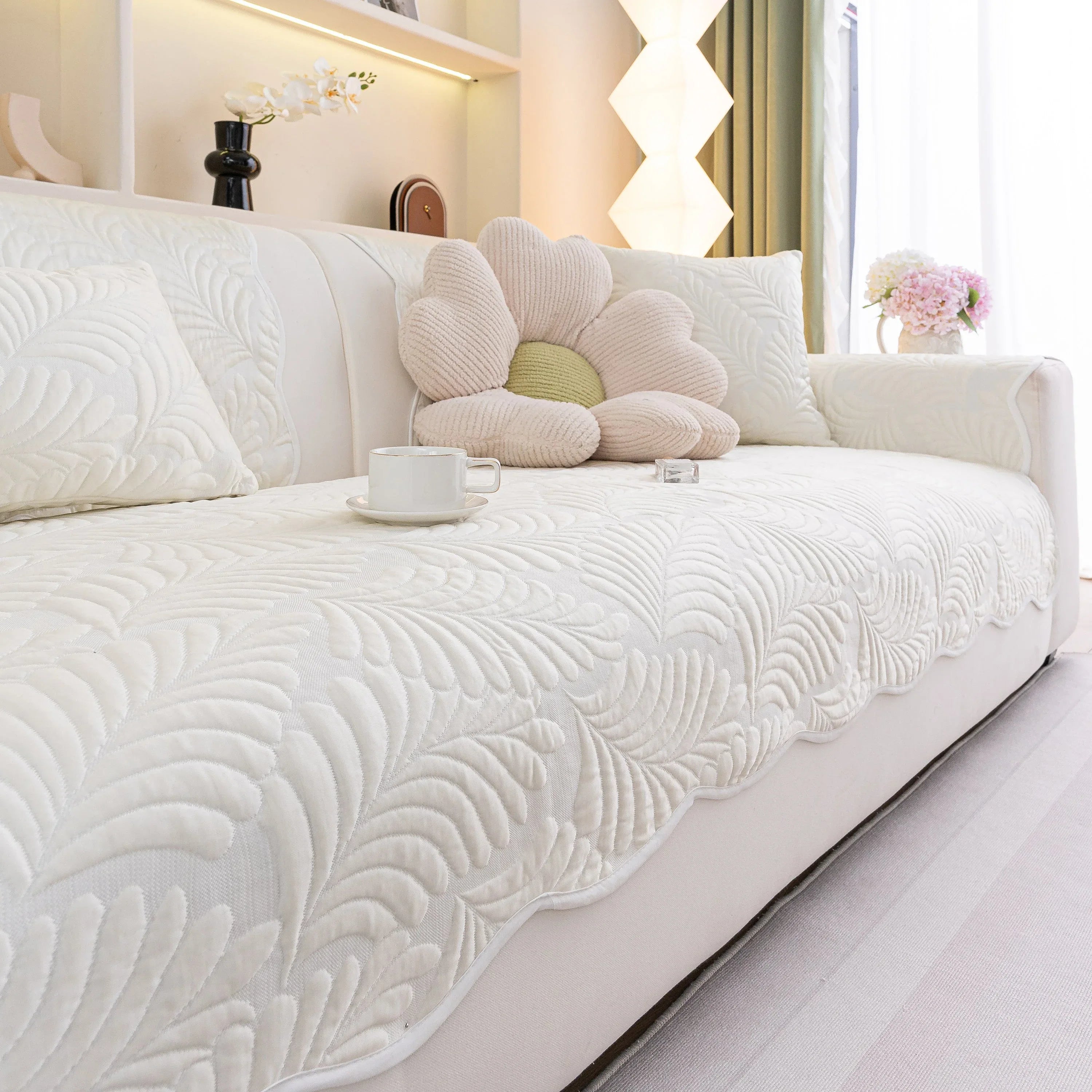 Sofa Cover for Leather & Fabric Couches, 3D Leaf Embossed Quilted Furniture Covers - TaroTextile