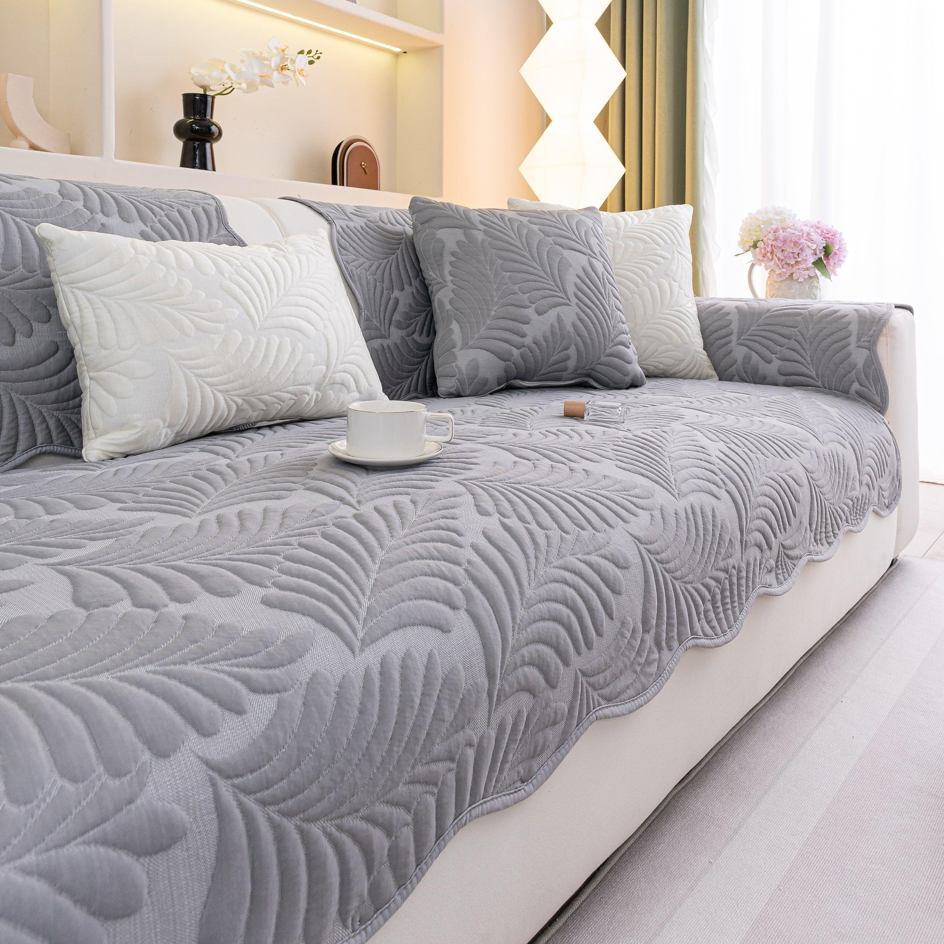 Sofa Cover for Leather & Fabric Couches, 3D Leaf Embossed Quilted Furniture Covers - TaroTextile