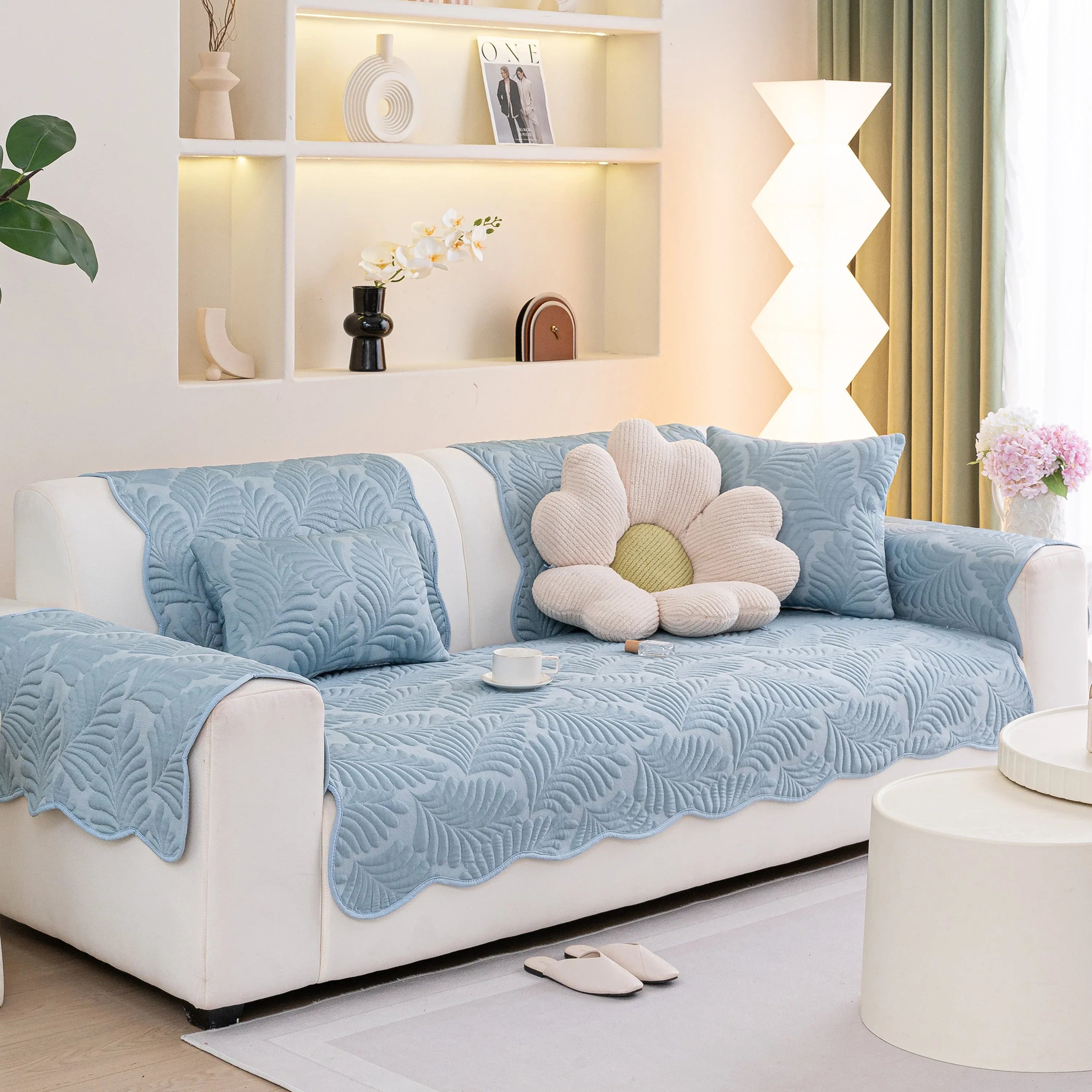 Sofa Cover for Leather & Fabric Couches, 3D Leaf Embossed Quilted Furniture Covers - TaroTextile