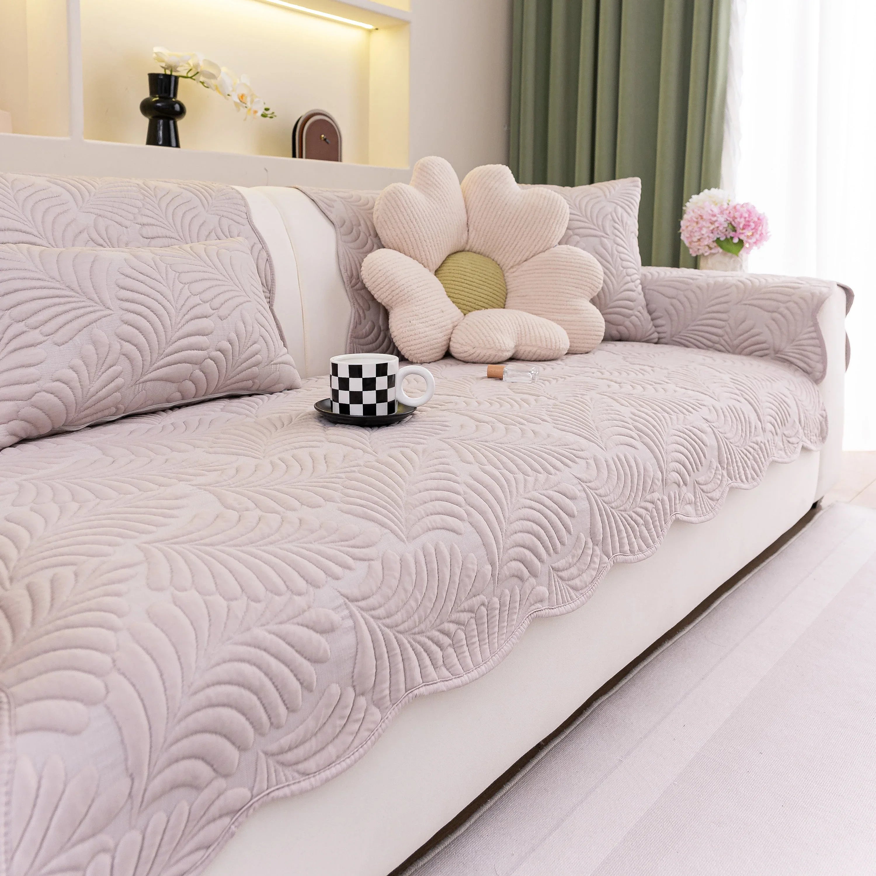 Sofa Cover for Leather & Fabric Couches, 3D Leaf Embossed Quilted Furniture Covers - TaroTextile