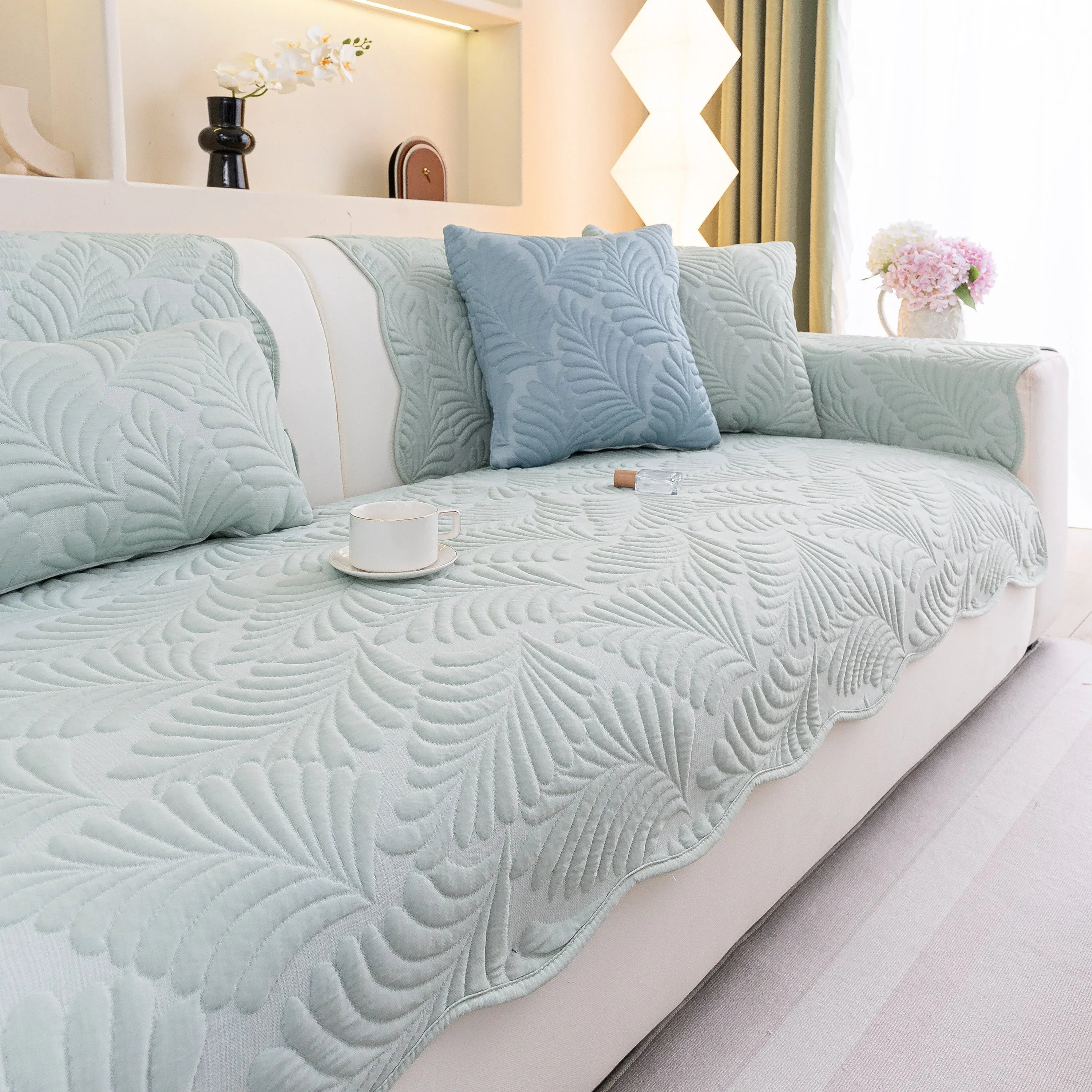 Sofa Cover for Leather & Fabric Couches, 3D Leaf Embossed Quilted Furniture Covers - TaroTextile