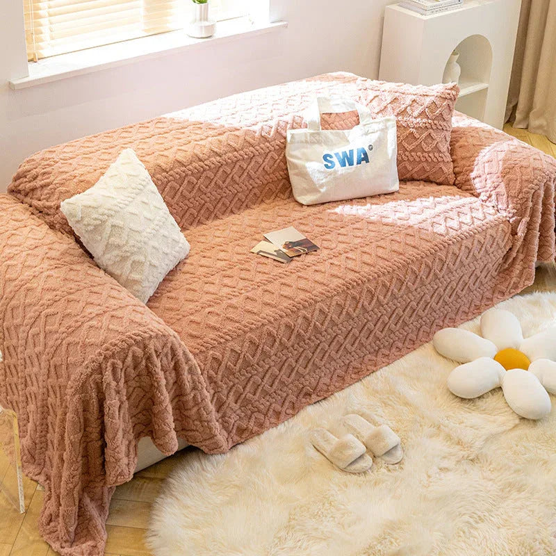 Soft Coral Plush Sofa Blanket Cozy Warm Throw Blanket Universal Slipcover - TaroTextile