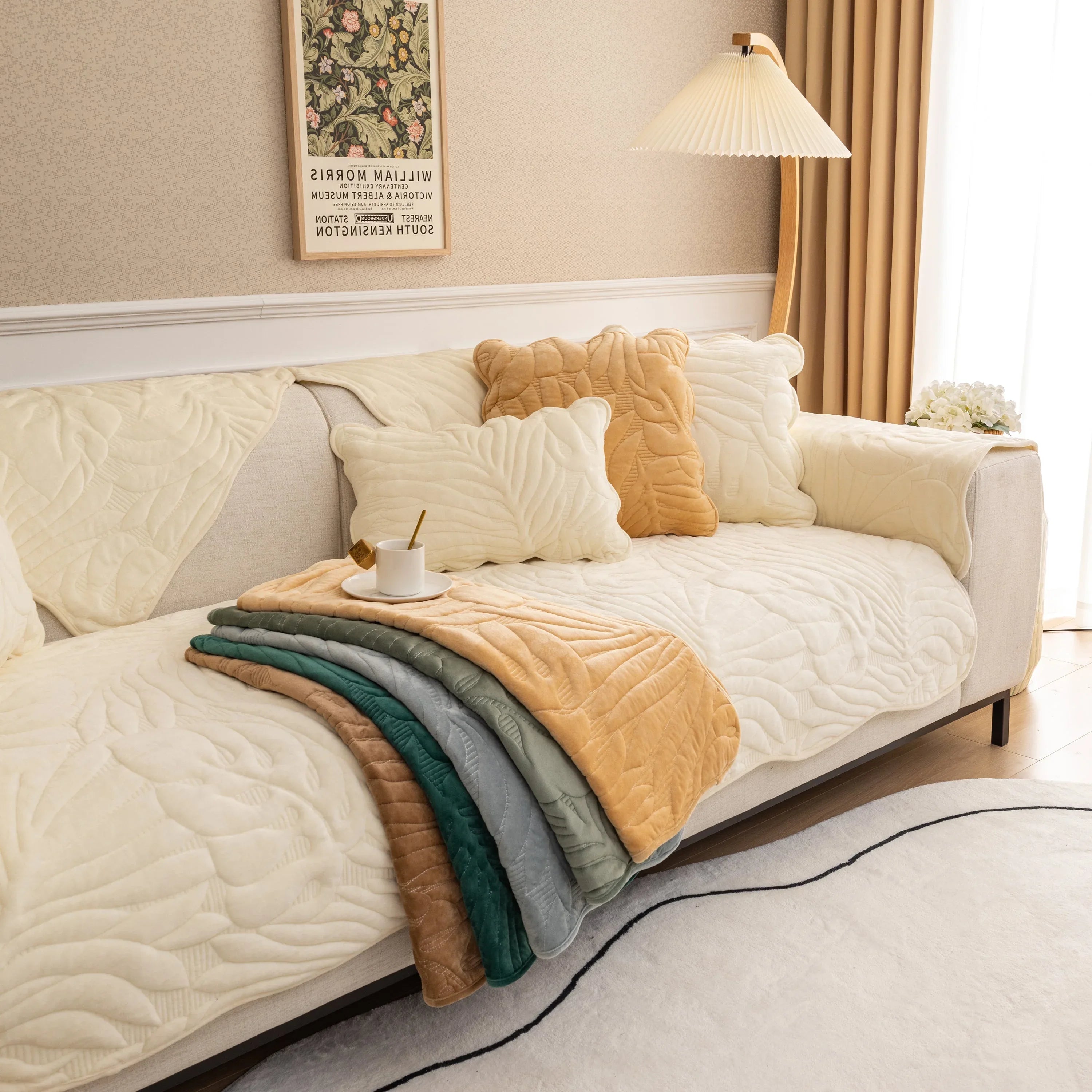 Soft Furry Velvet Plush Non-Slip Sofa Cover Quilted Palm Leaves Sectional Couch Cover for Kids and Pets - TaroTextile