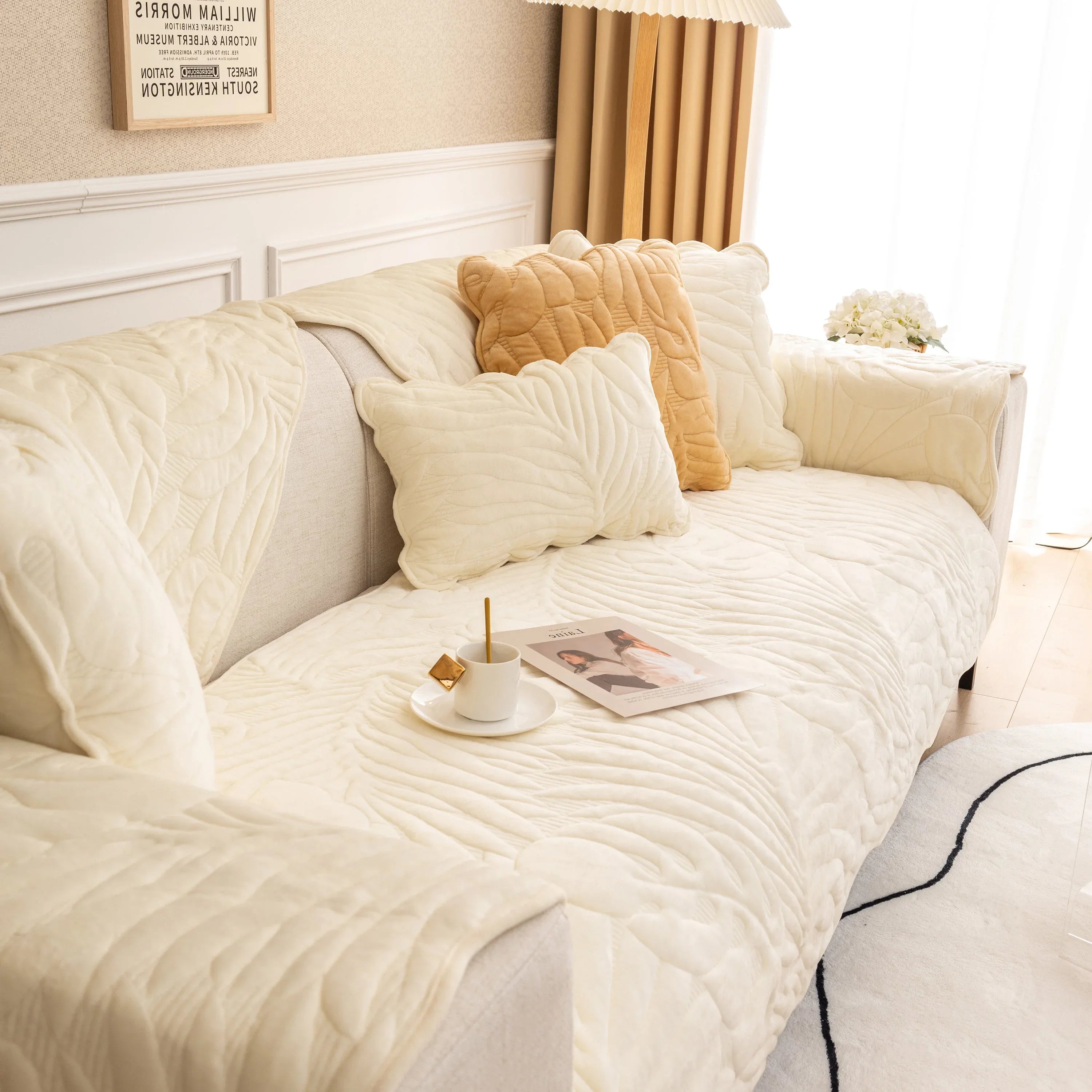 Soft Furry Velvet Plush Non-Slip Sofa Cover Quilted Palm Leaves Sectional Couch Cover for Kids and Pets - TaroTextile