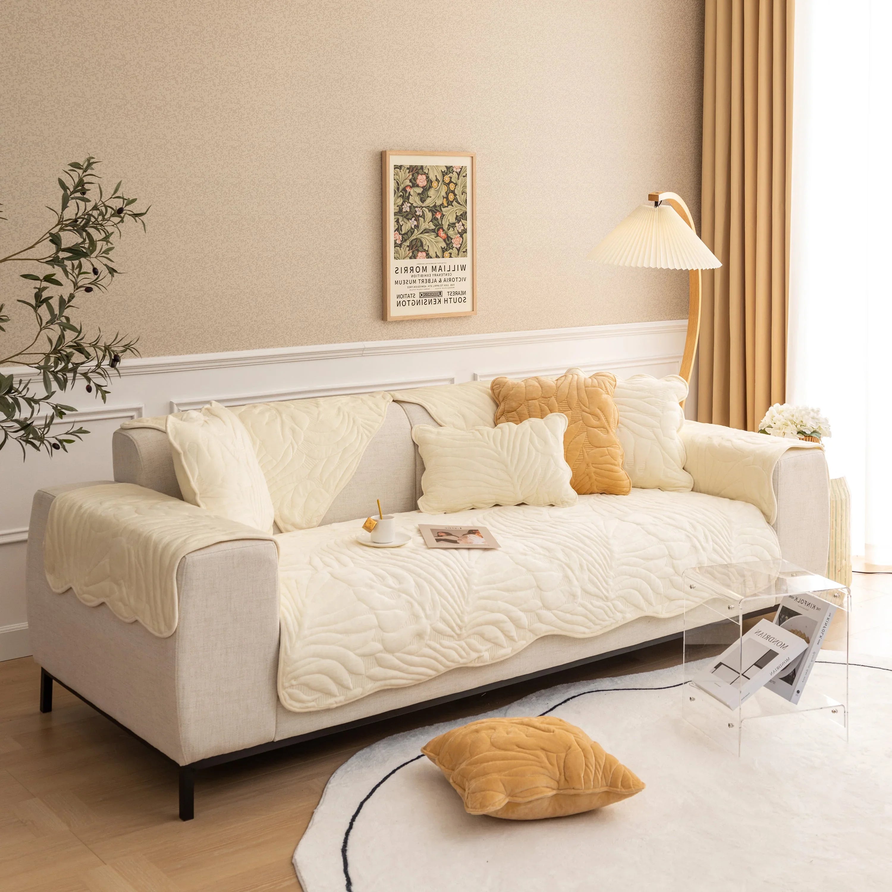 Soft Furry Velvet Plush Non-Slip Sofa Cover Quilted Palm Leaves Sectional Couch Cover for Kids and Pets - TaroTextile