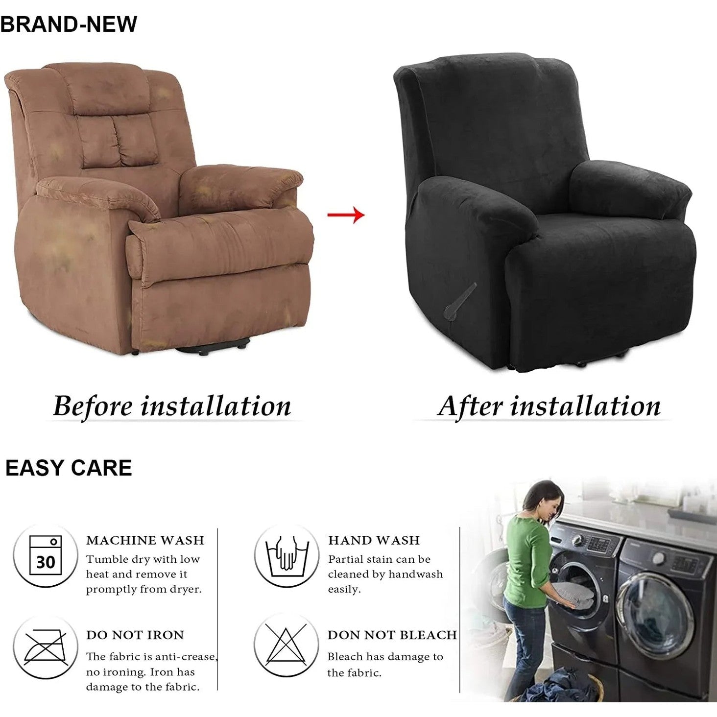 Soft Plush Velvet Recliner Chair Cover - Fleece Armchair Slipcover with Pocket - 4 Pieces Furniture Cover Protector for Reclining Chair - TaroTextile