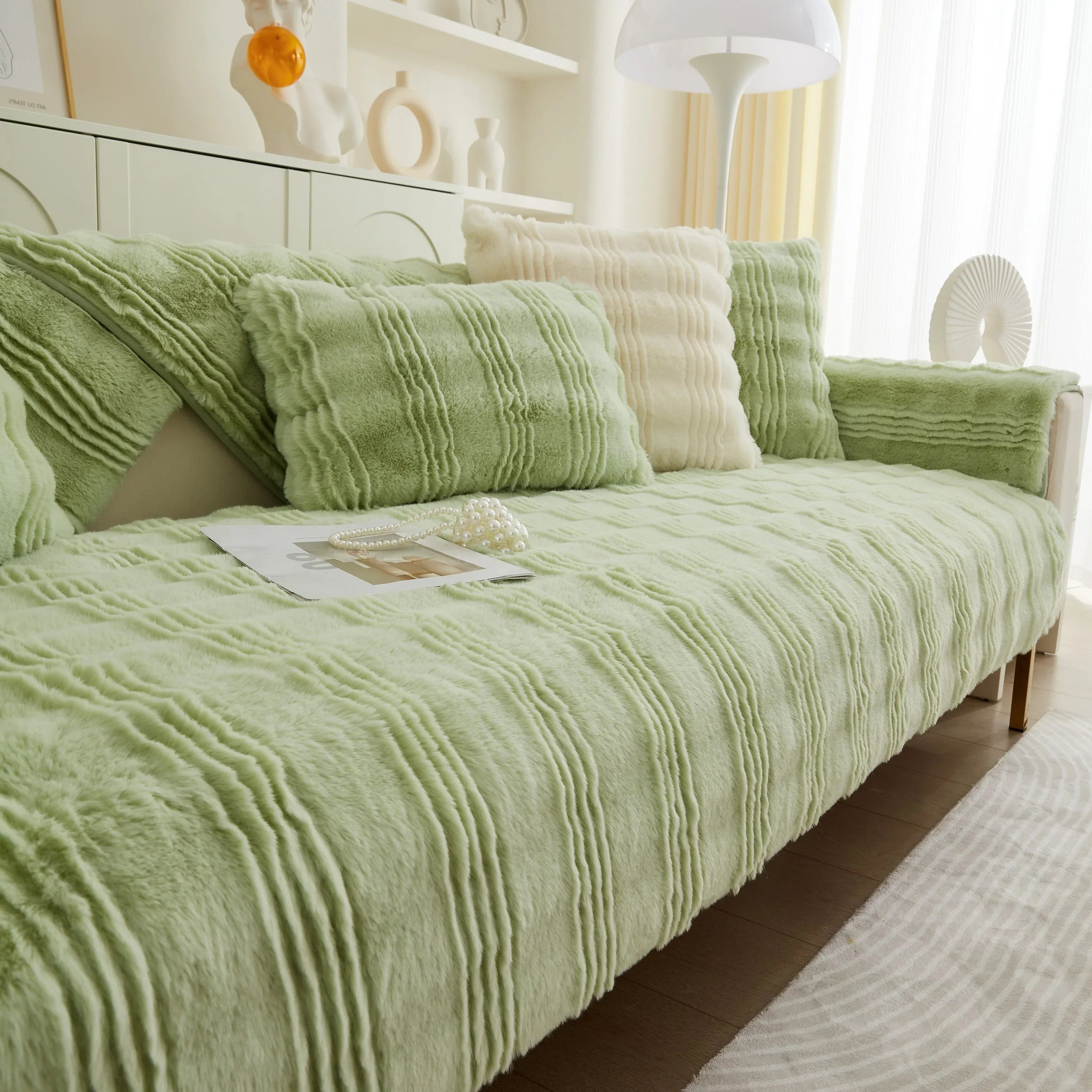 Soft Thick Faux Fur Sofa Cover Stripe Fluffy Fuzzy Non-Slip Washable Couch Covers - TaroTextile