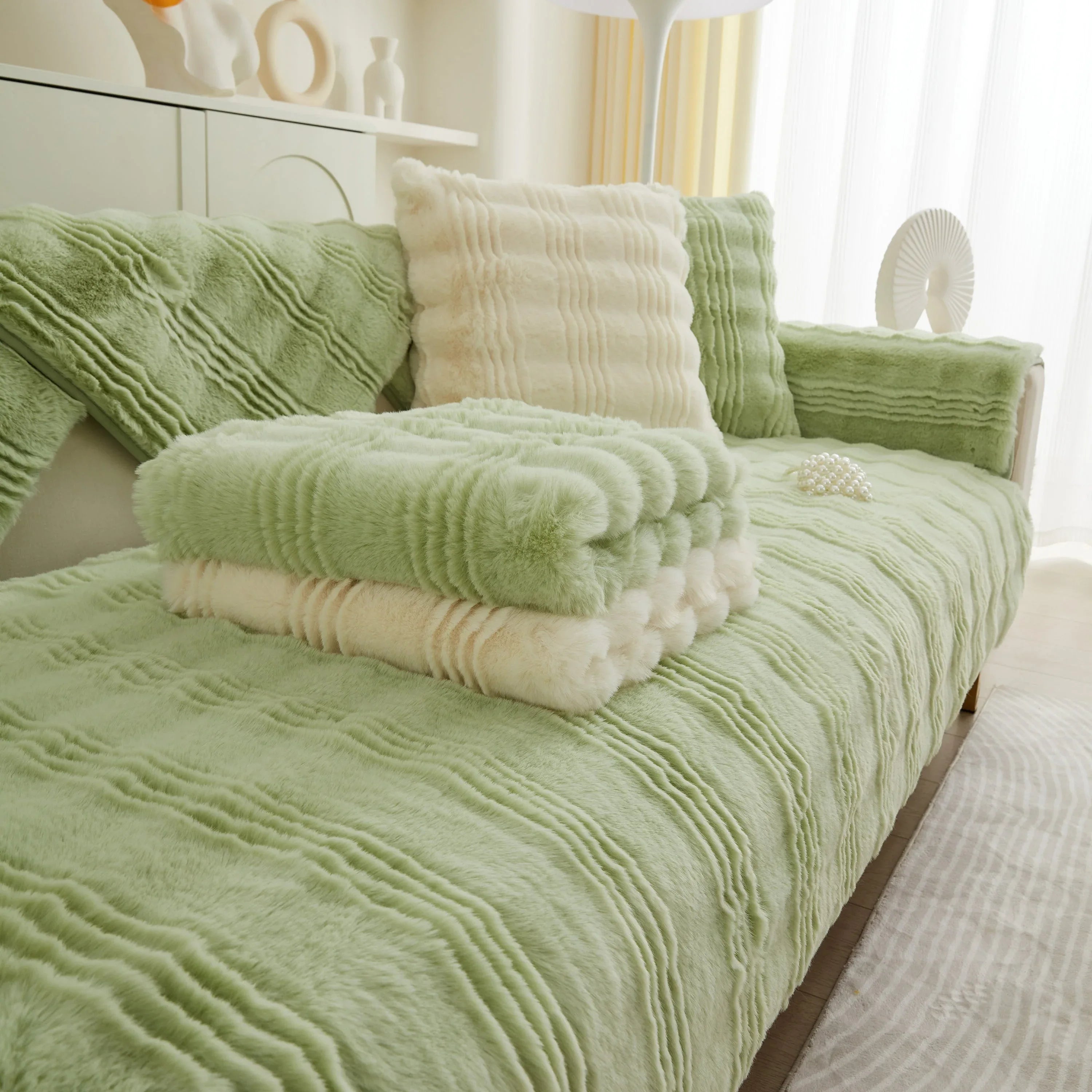Soft Thick Faux Fur Sofa Cover Stripe Fluffy Fuzzy Non-Slip Washable Couch Covers - TaroTextile