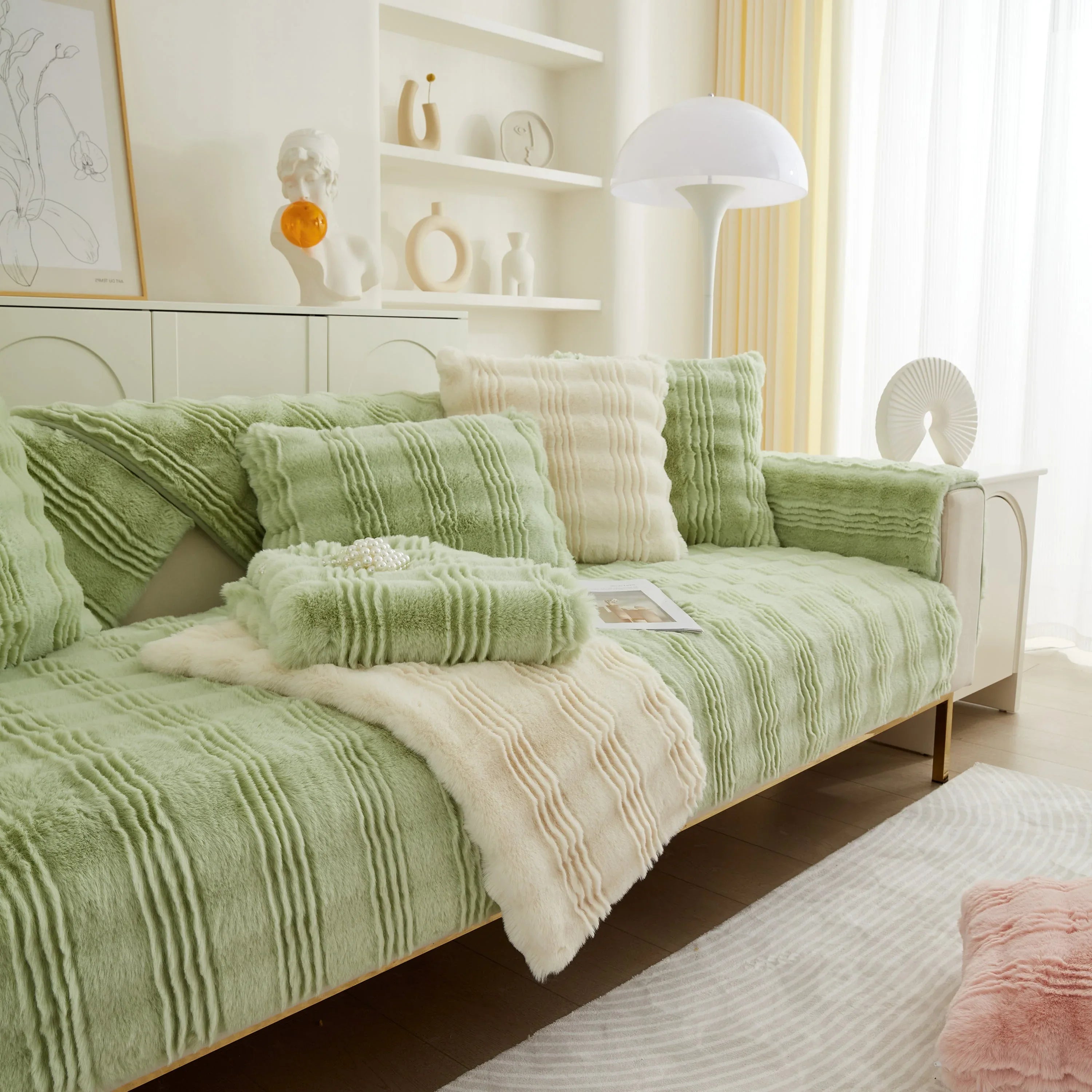 Soft Thick Faux Fur Sofa Cover Stripe Fluffy Fuzzy Non-Slip Washable Couch Covers - TaroTextile