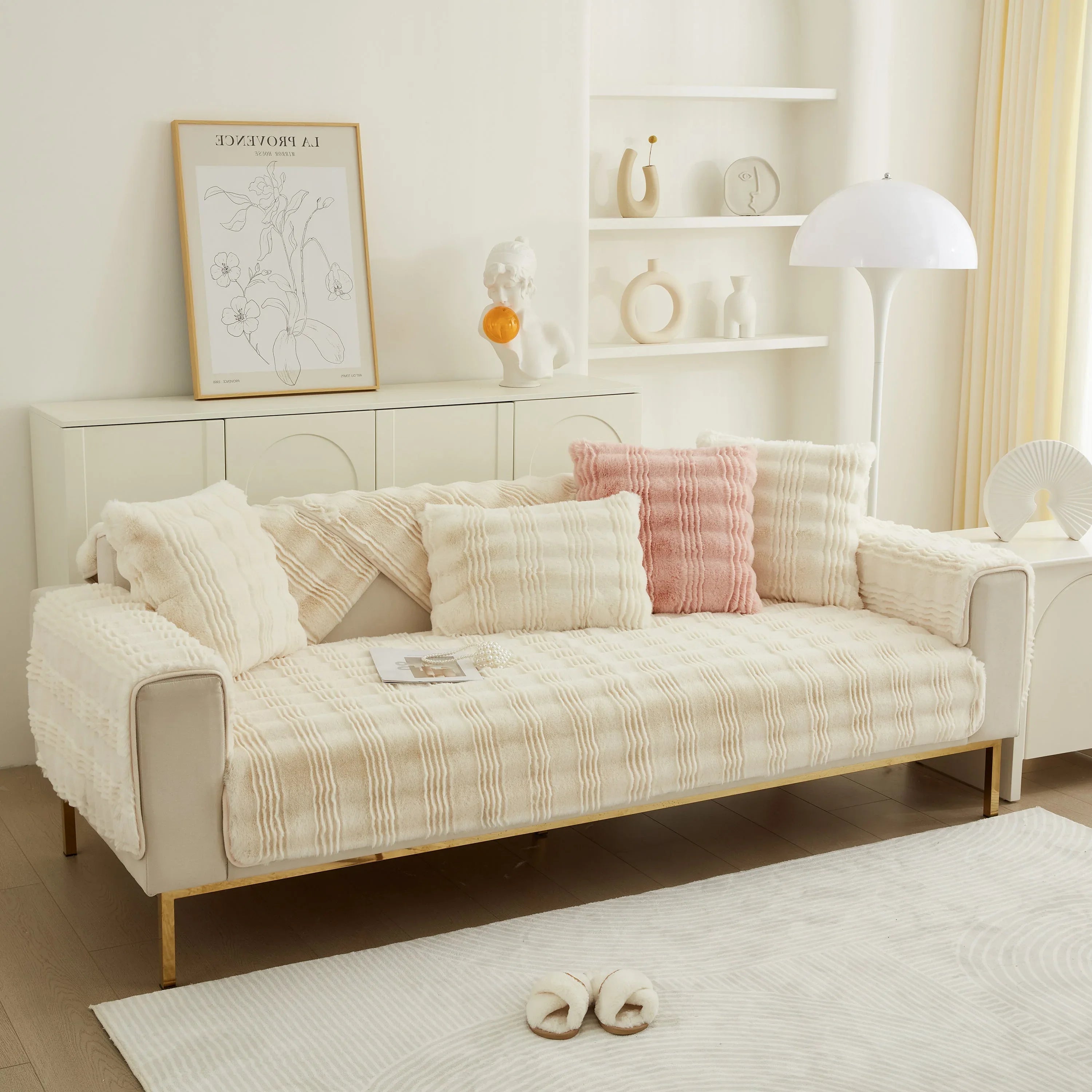 Soft Thick Faux Fur Sofa Cover Stripe Fluffy Fuzzy Non-Slip Washable Couch Covers - TaroTextile