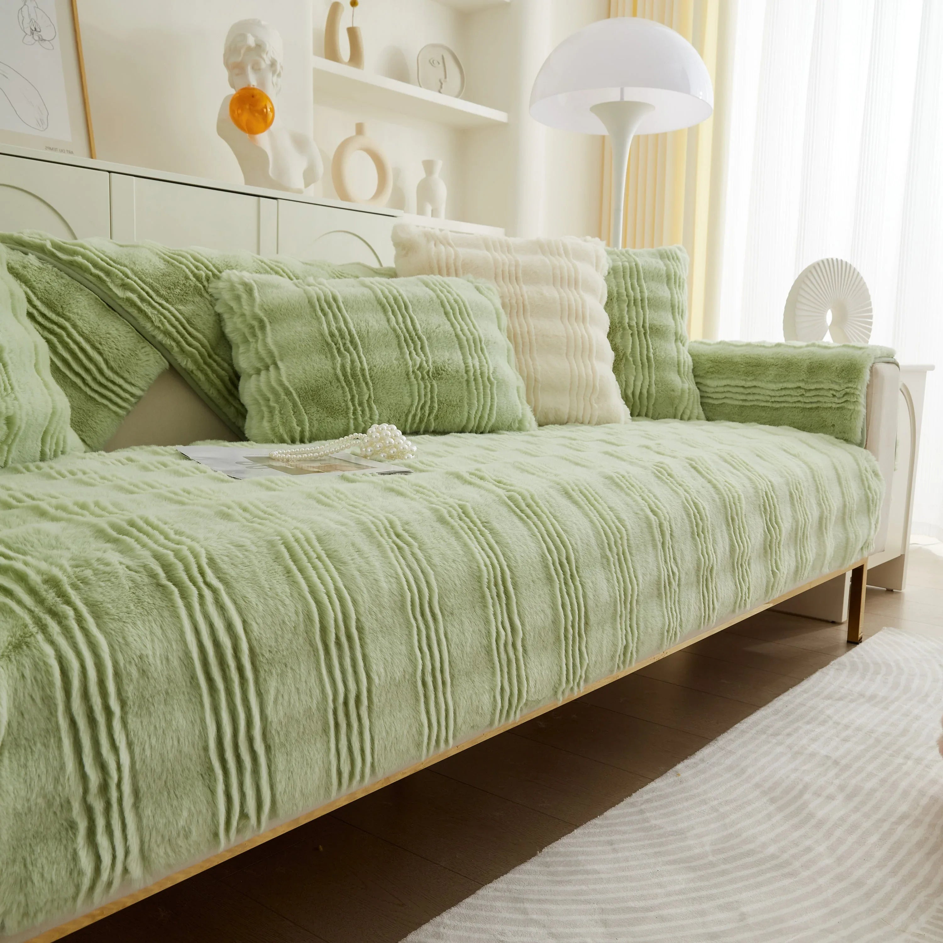 Soft Thick Faux Fur Sofa Cover Stripe Fluffy Fuzzy Non-Slip Washable Couch Covers - TaroTextile