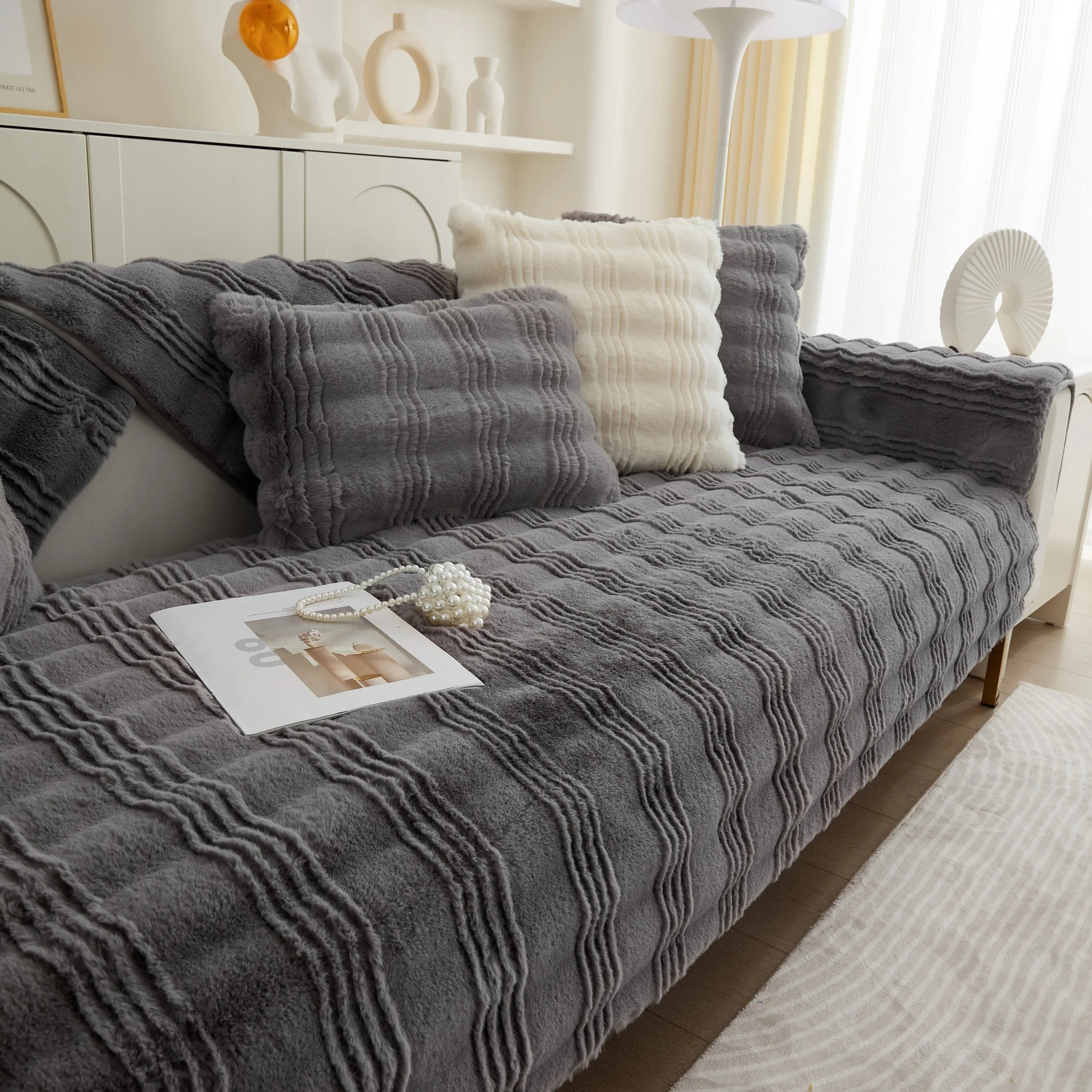 Soft Thick Faux Fur Sofa Cover Stripe Fluffy Fuzzy Non-Slip Washable Couch Covers - TaroTextile