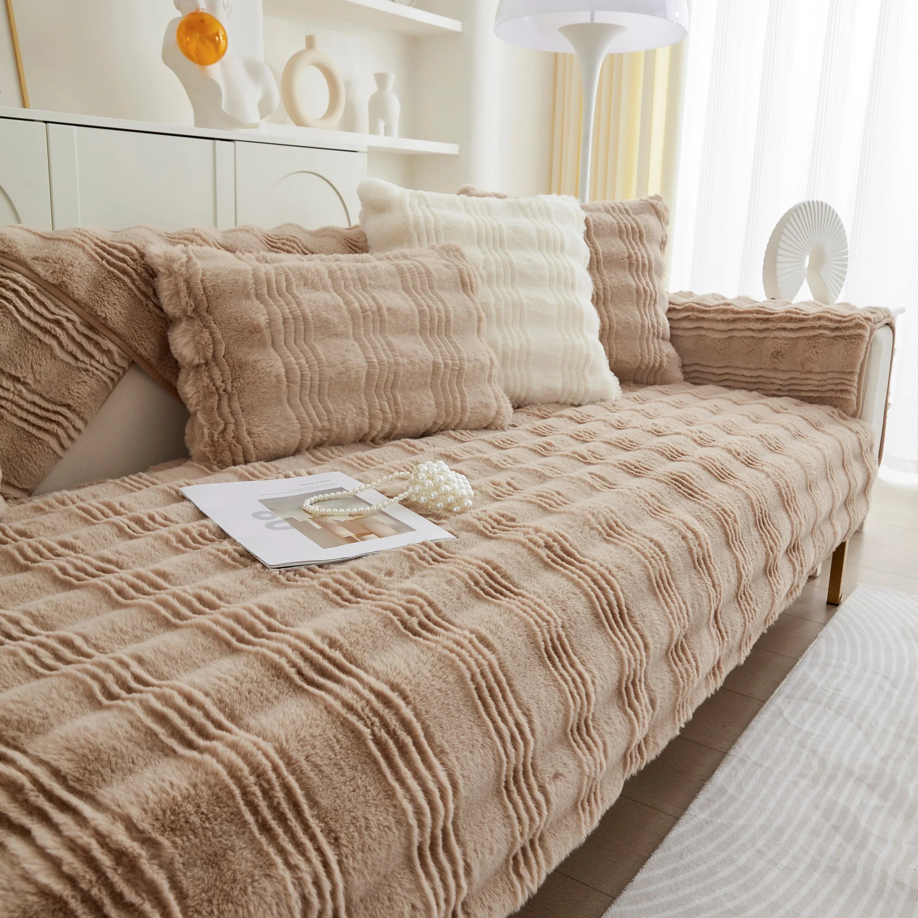 Soft Thick Faux Fur Sofa Cover Stripe Fluffy Fuzzy Non-Slip Washable Couch Covers - TaroTextile