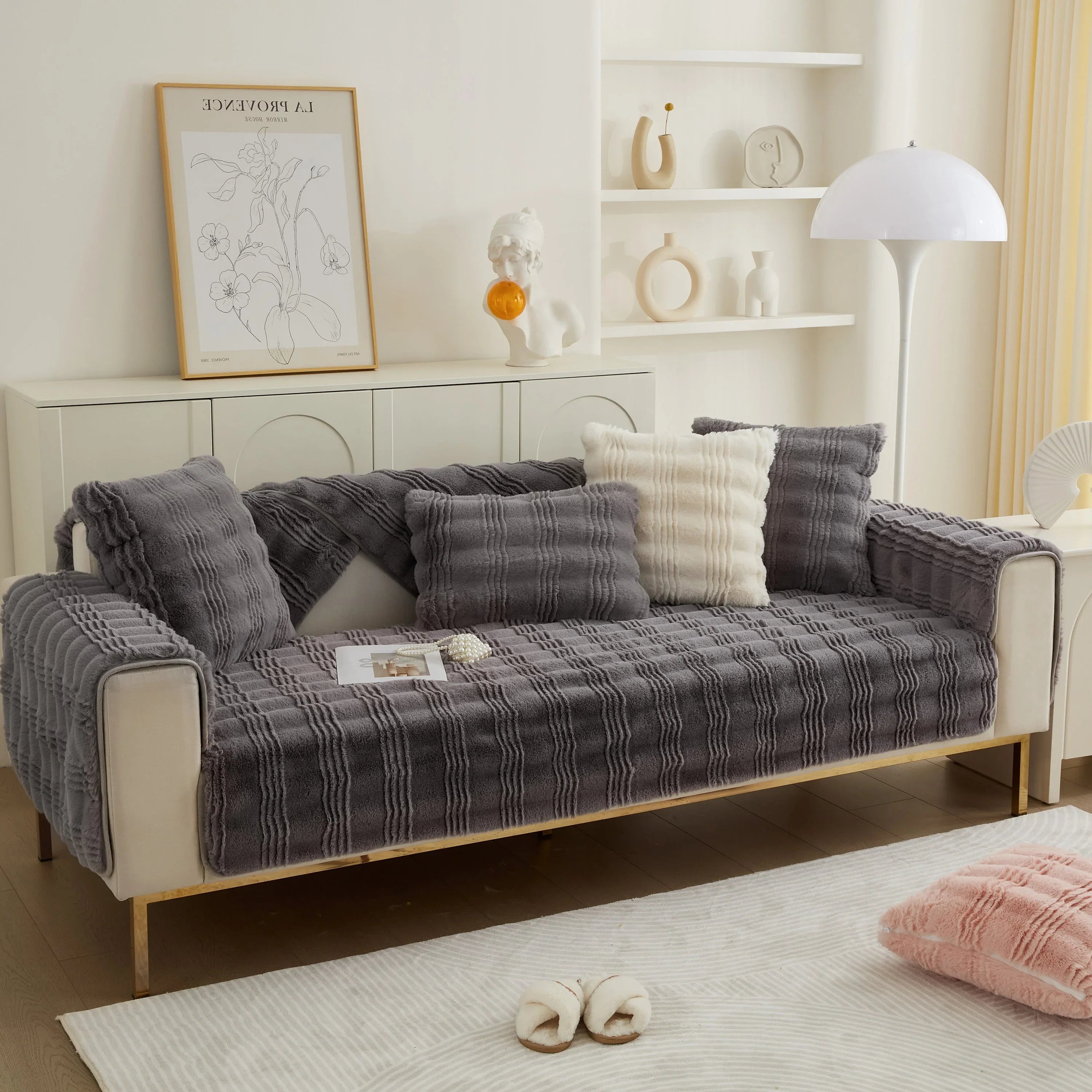 Soft Thick Faux Fur Sofa Cover Stripe Fluffy Fuzzy Non-Slip Washable Couch Covers - TaroTextile