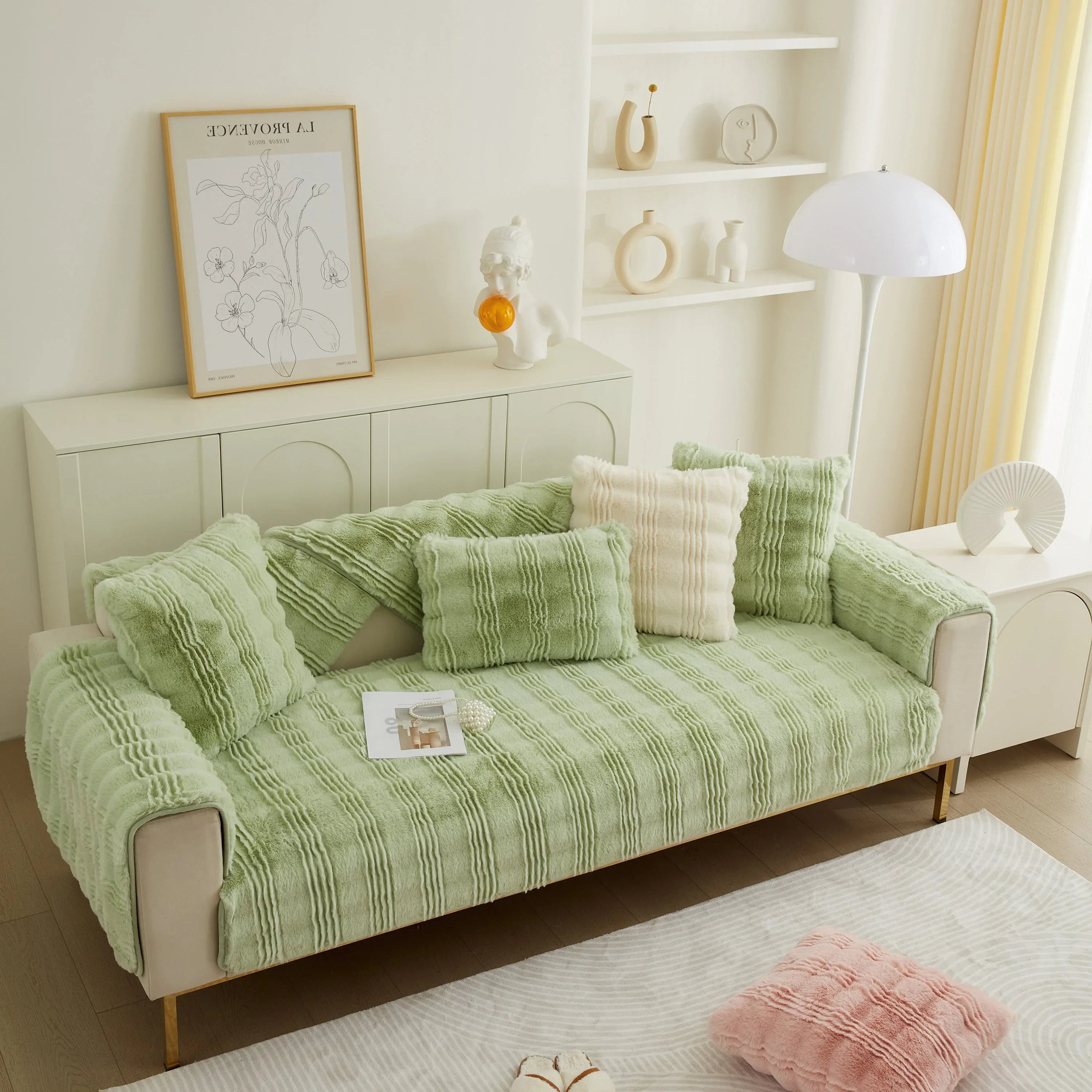 Soft Thick Faux Fur Sofa Cover Stripe Fluffy Fuzzy Non-Slip Washable Couch Covers - TaroTextile