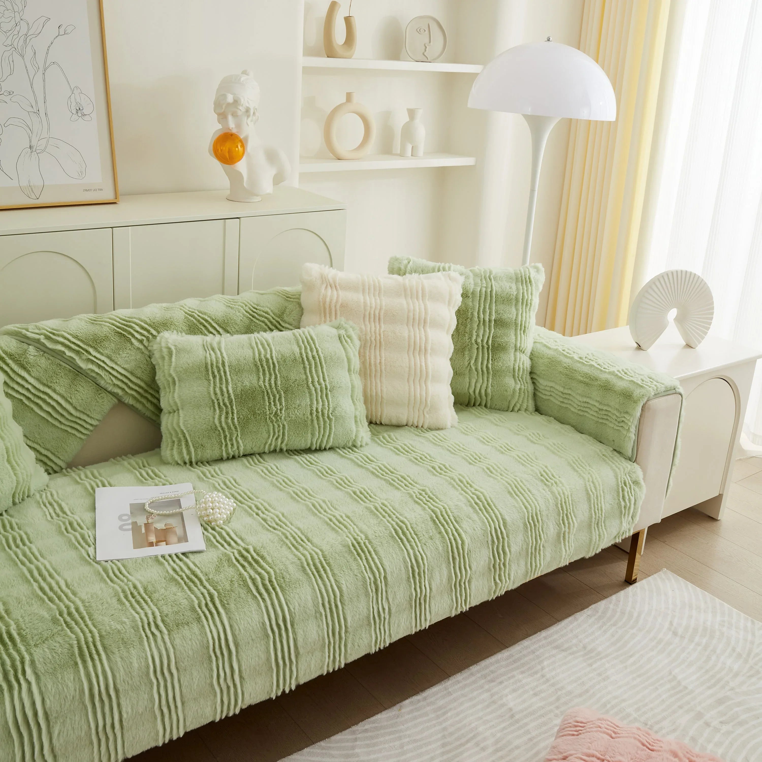 Soft Thick Faux Fur Sofa Cover Stripe Fluffy Fuzzy Non-Slip Washable Couch Covers - TaroTextile