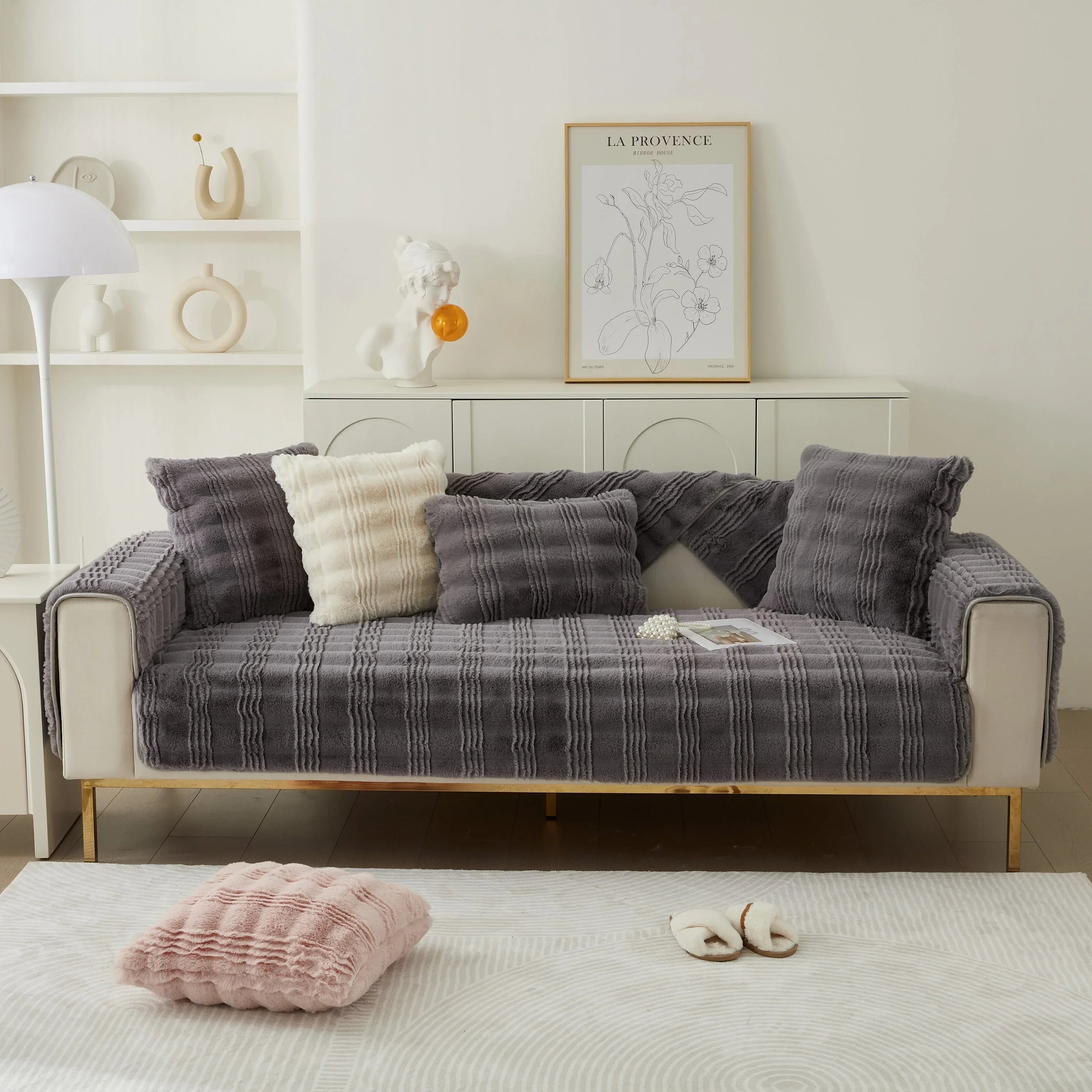 Soft Thick Faux Fur Sofa Cover Stripe Fluffy Fuzzy Non-Slip Washable Couch Covers - TaroTextile