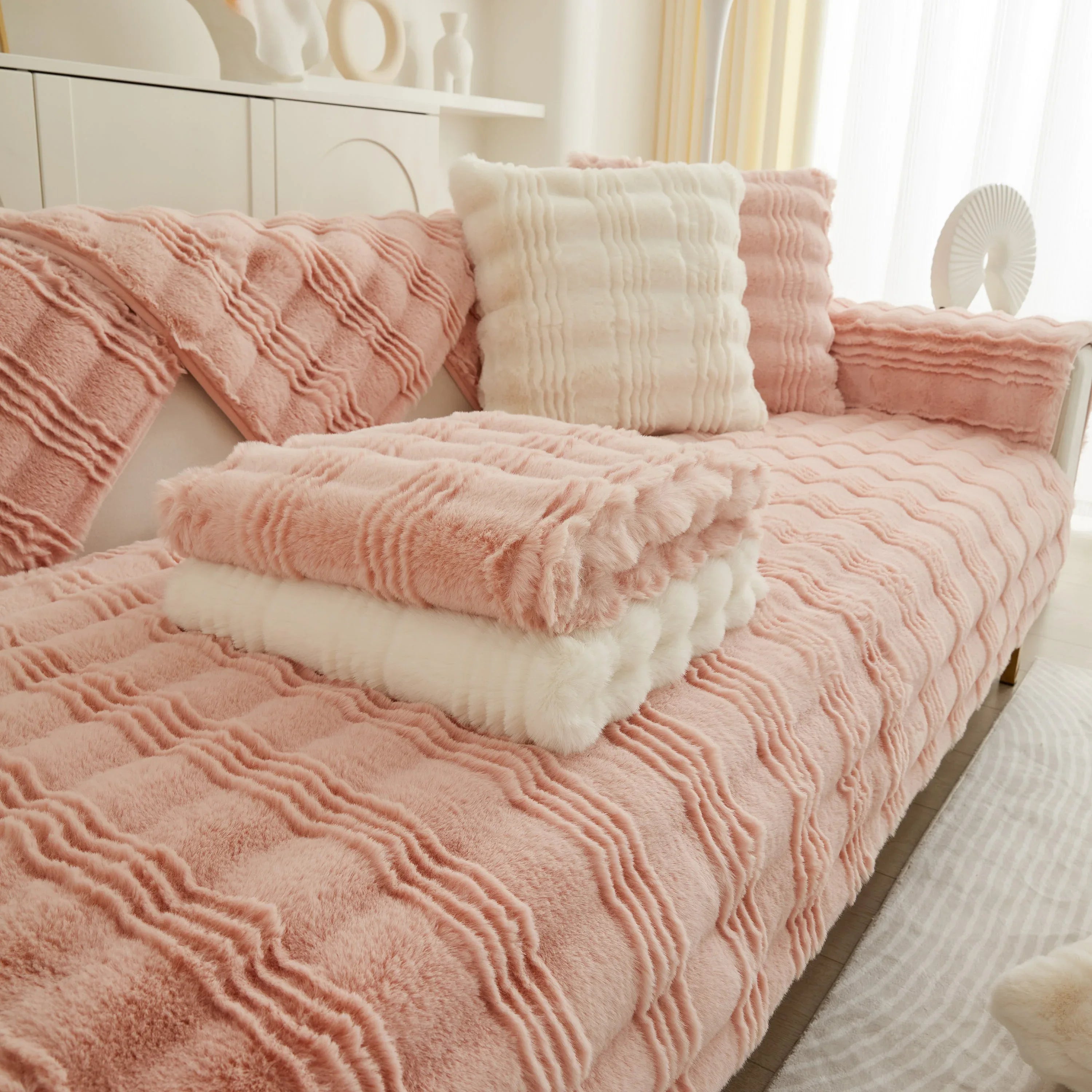 Soft Thick Faux Fur Sofa Cover Stripe Fluffy Fuzzy Non-Slip Washable Couch Covers - TaroTextile