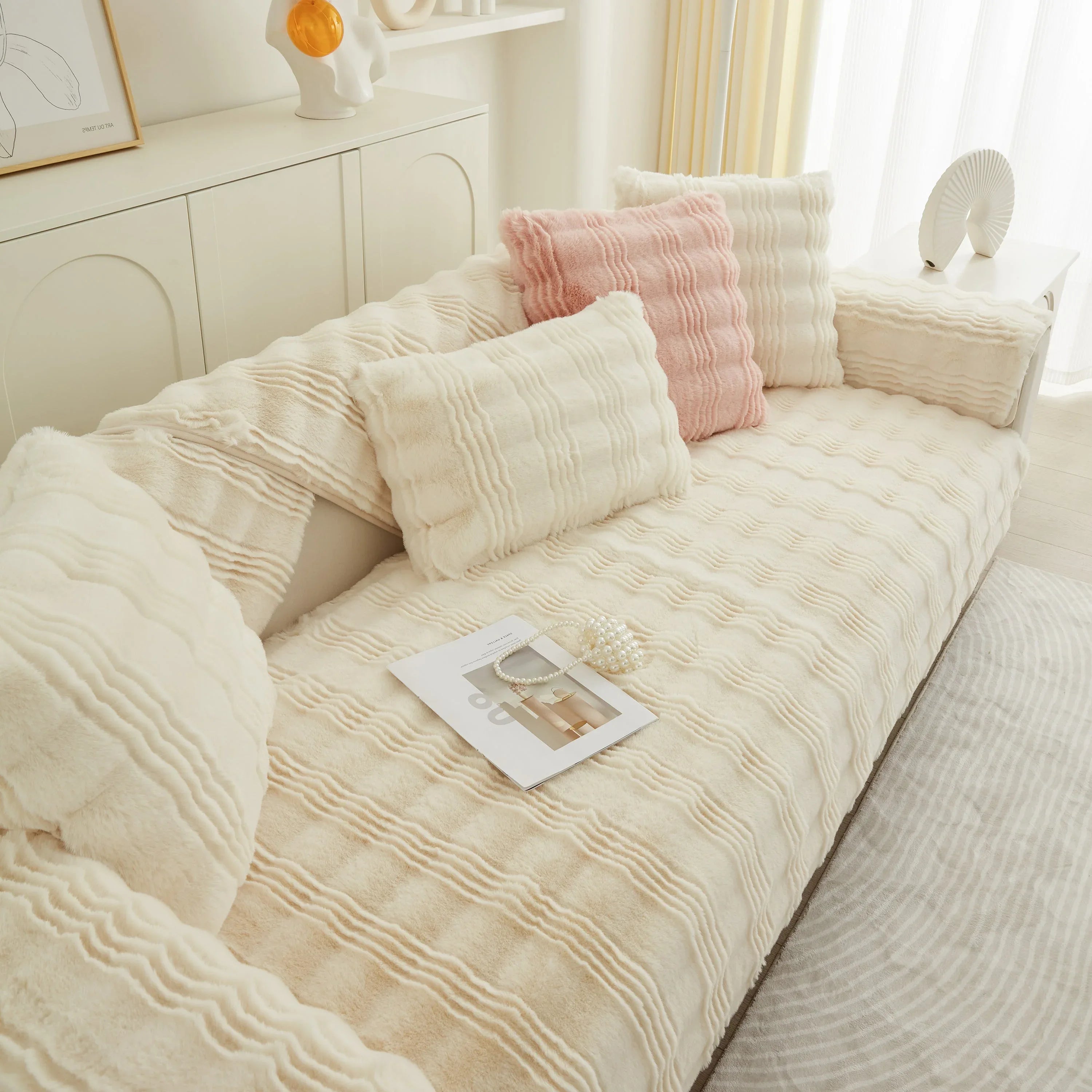 Soft Thick Faux Fur Sofa Cover Stripe Fluffy Fuzzy Non-Slip Washable Couch Covers - TaroTextile