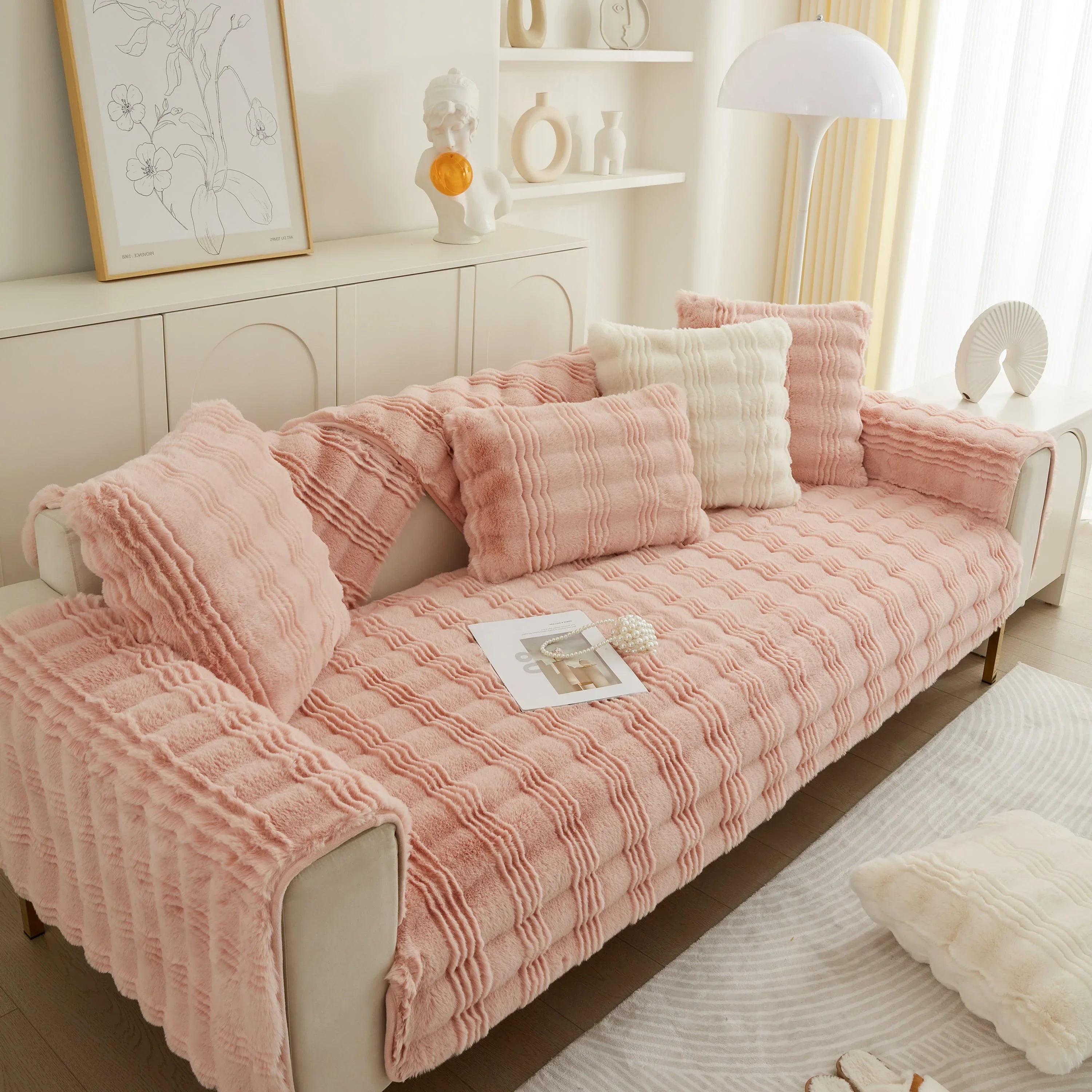 Soft Thick Faux Fur Sofa Cover Stripe Fluffy Fuzzy Non-Slip Washable Couch Covers - TaroTextile