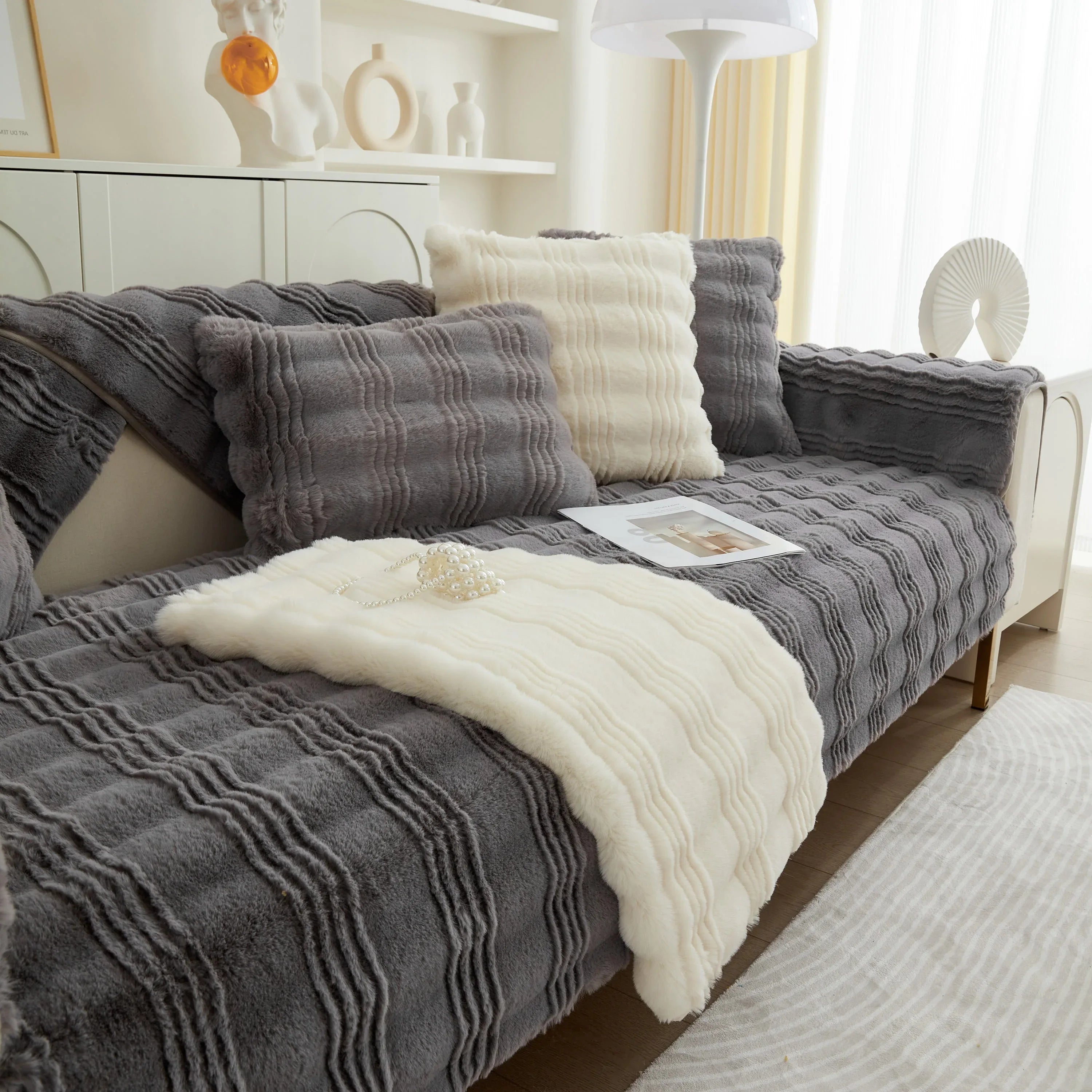 Soft Thick Faux Fur Sofa Cover Stripe Fluffy Fuzzy Non-Slip Washable Couch Covers - TaroTextile