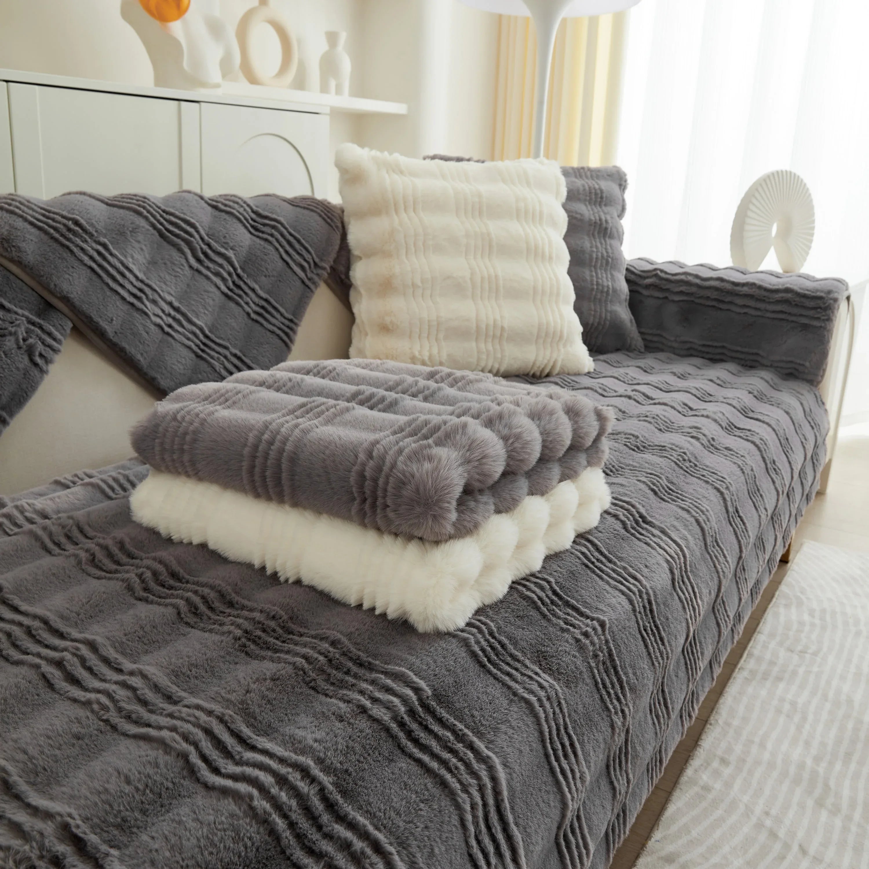 Soft Thick Faux Fur Sofa Cover Stripe Fluffy Fuzzy Non-Slip Washable Couch Covers - TaroTextile