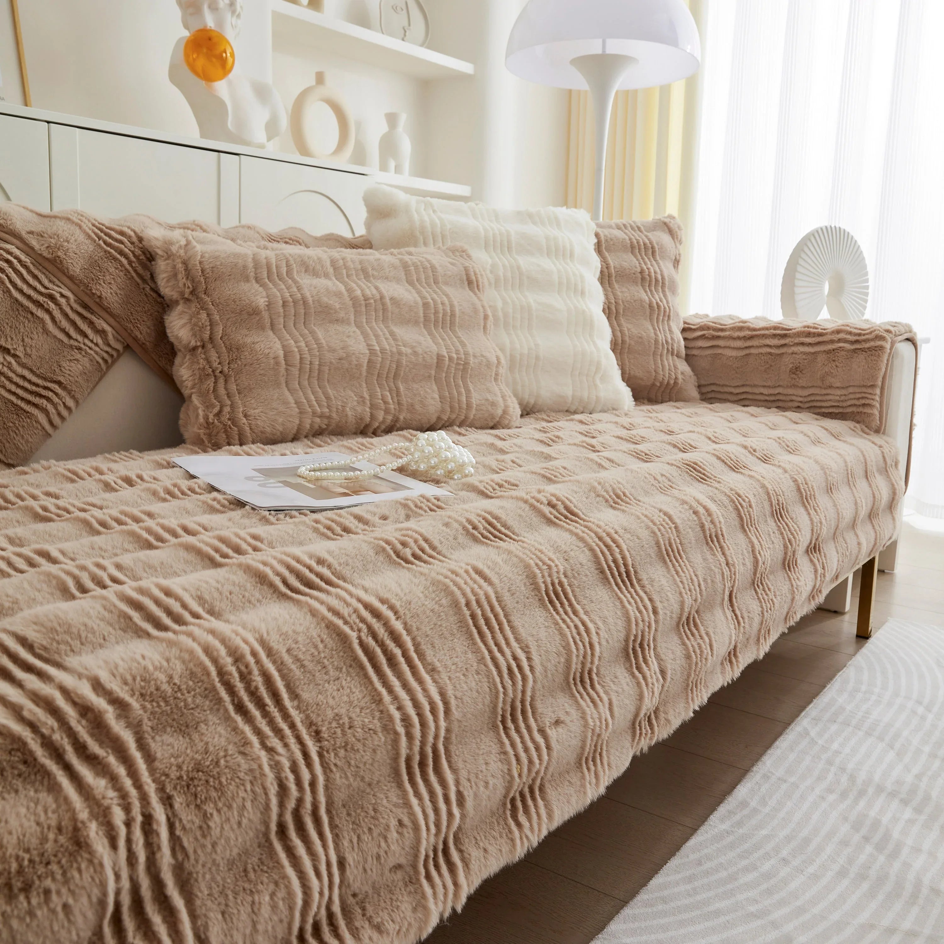 Soft Thick Faux Fur Sofa Cover Stripe Fluffy Fuzzy Non-Slip Washable Couch Covers - TaroTextile