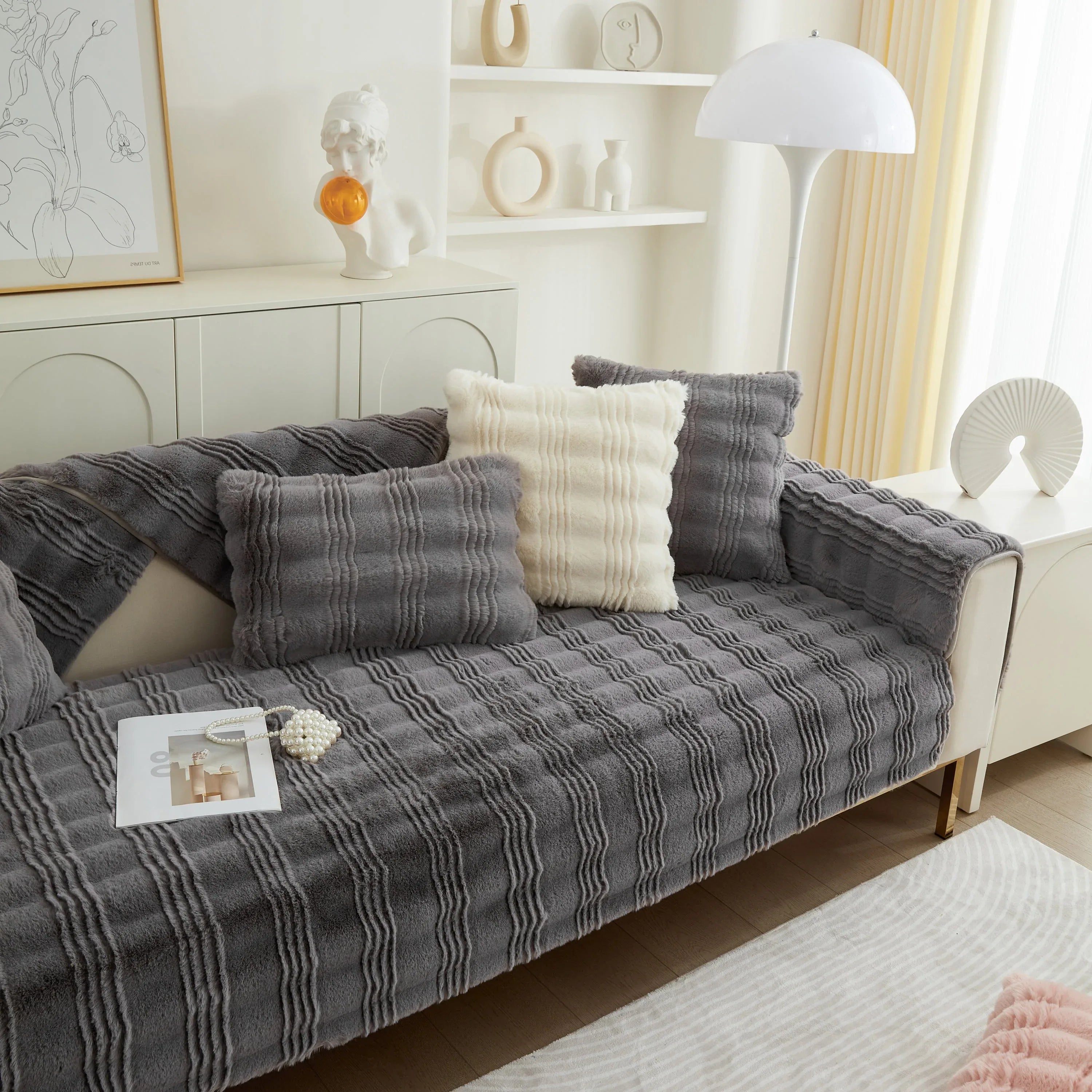 Soft Thick Faux Fur Sofa Cover Stripe Fluffy Fuzzy Non-Slip Washable Couch Covers - TaroTextile