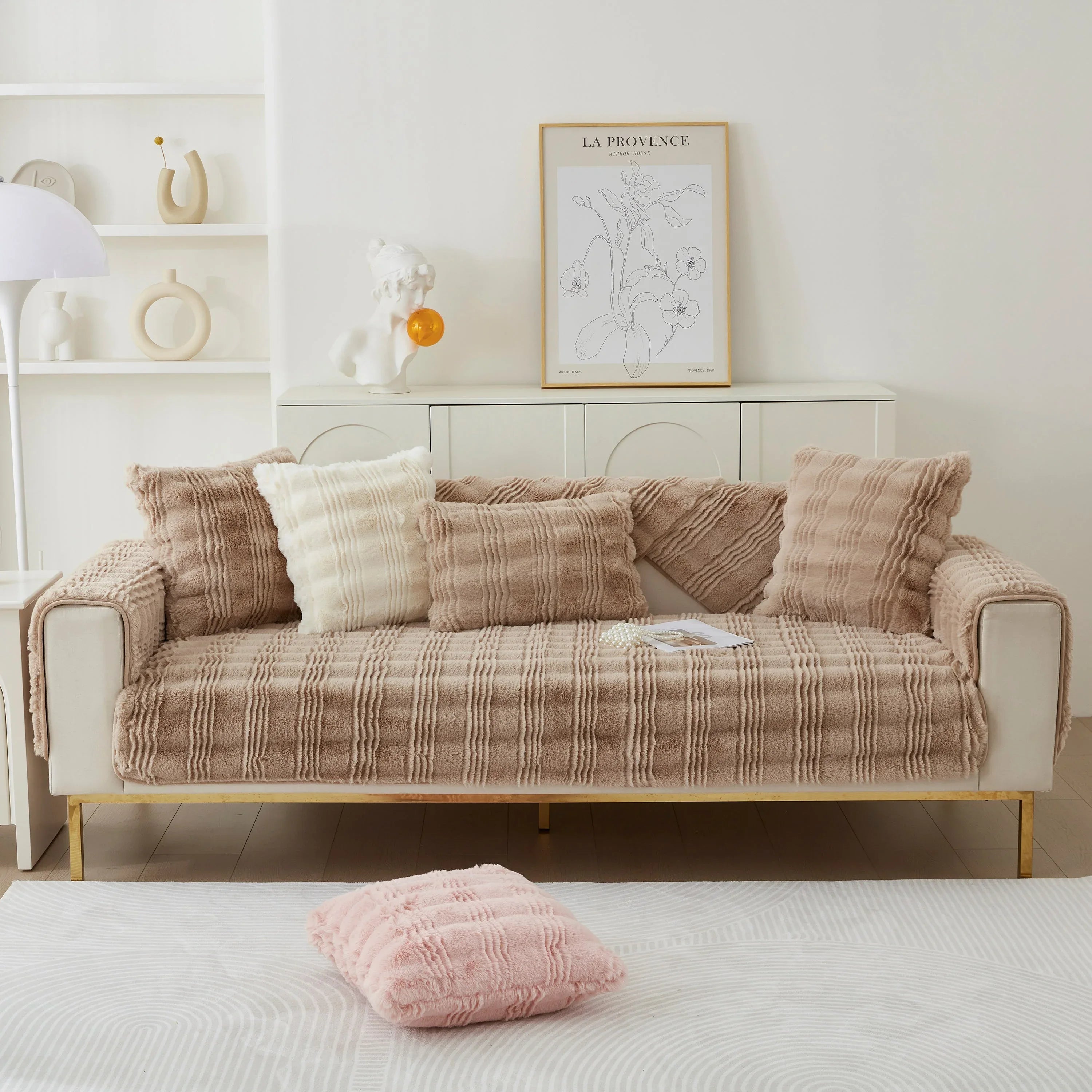 Soft Thick Faux Fur Sofa Cover Stripe Fluffy Fuzzy Non-Slip Washable Couch Covers - TaroTextile