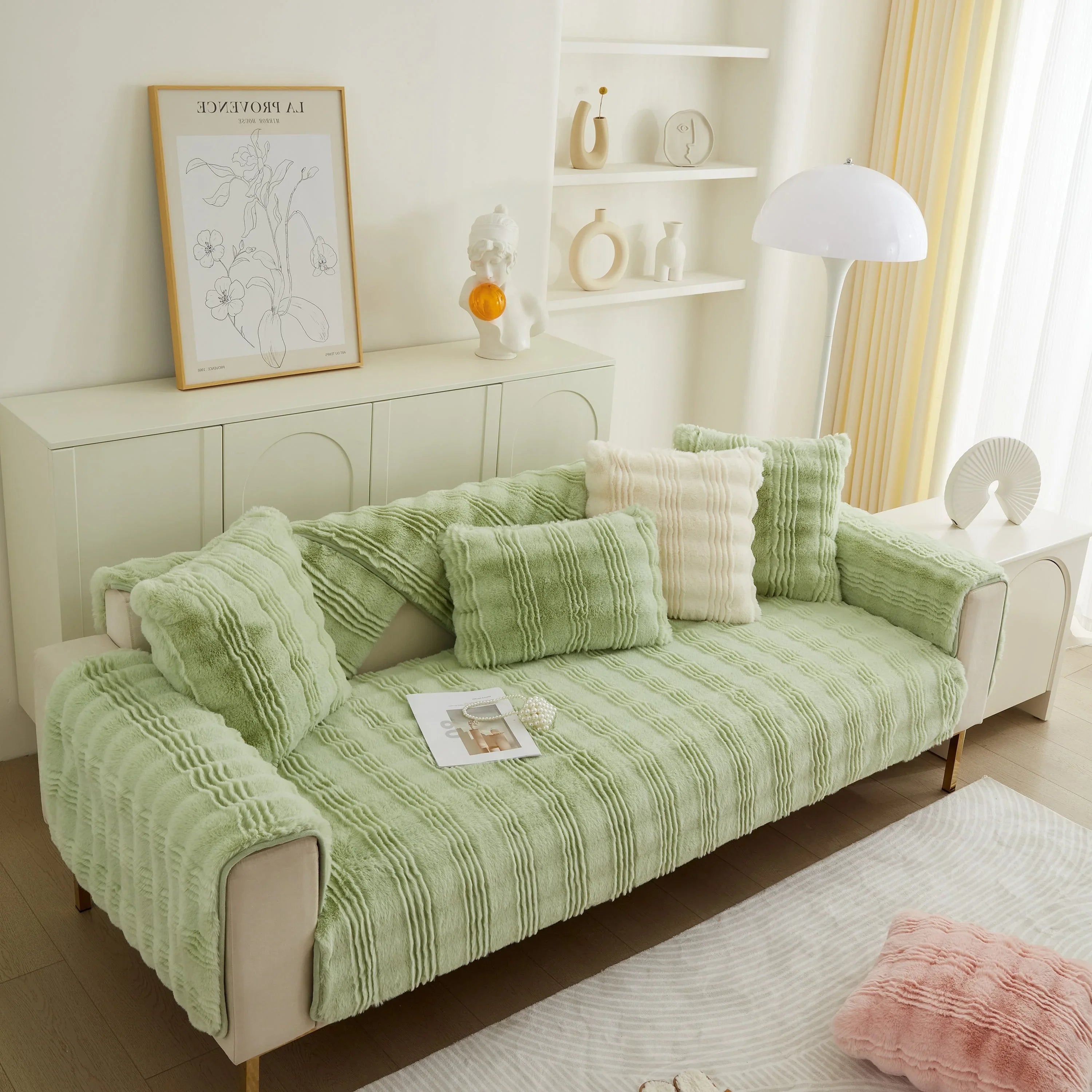 Soft Thick Faux Fur Sofa Cover Stripe Fluffy Fuzzy Non-Slip Washable Couch Covers - TaroTextile