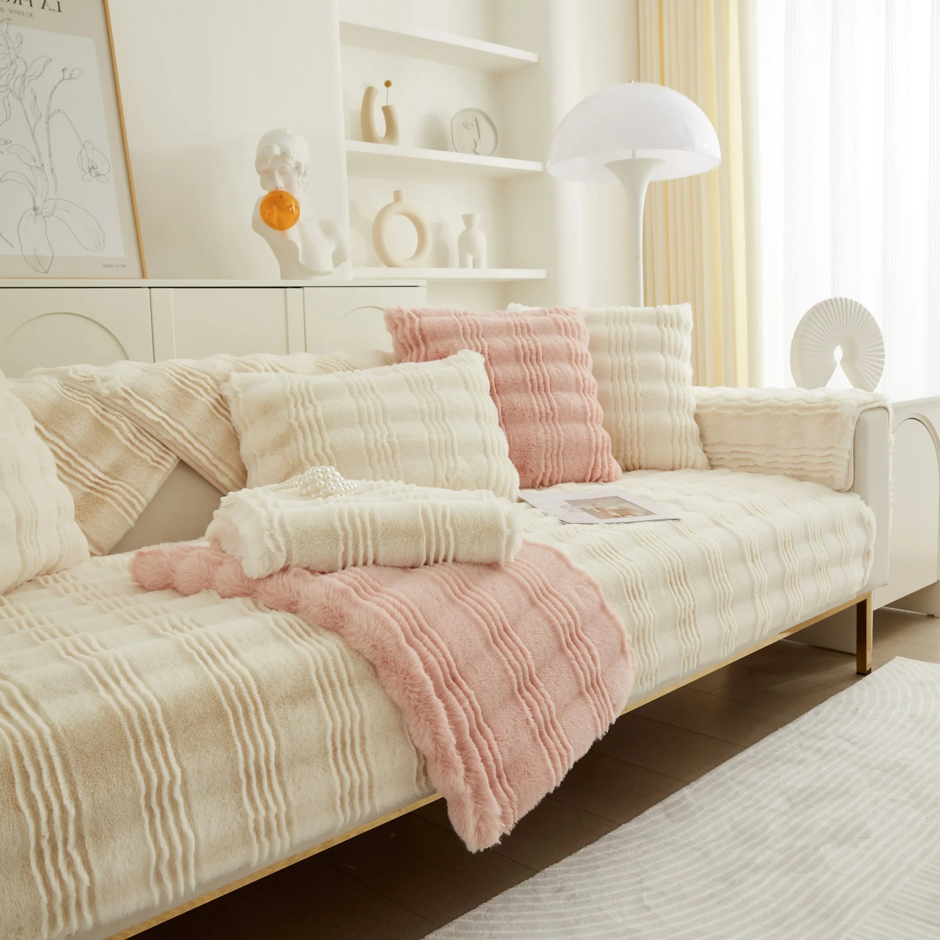 Soft Thick Faux Fur Sofa Cover Stripe Fluffy Fuzzy Non-Slip Washable Couch Covers - TaroTextile
