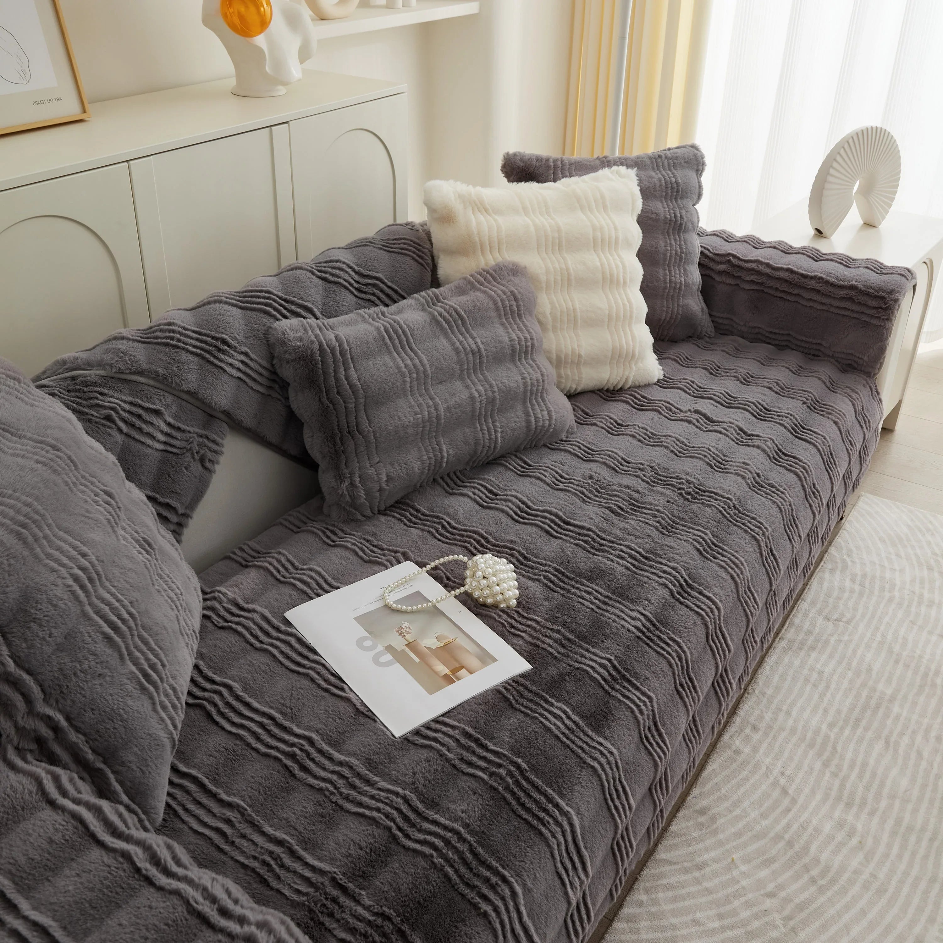 Soft Thick Faux Fur Sofa Cover Stripe Fluffy Fuzzy Non-Slip Washable Couch Covers - TaroTextile