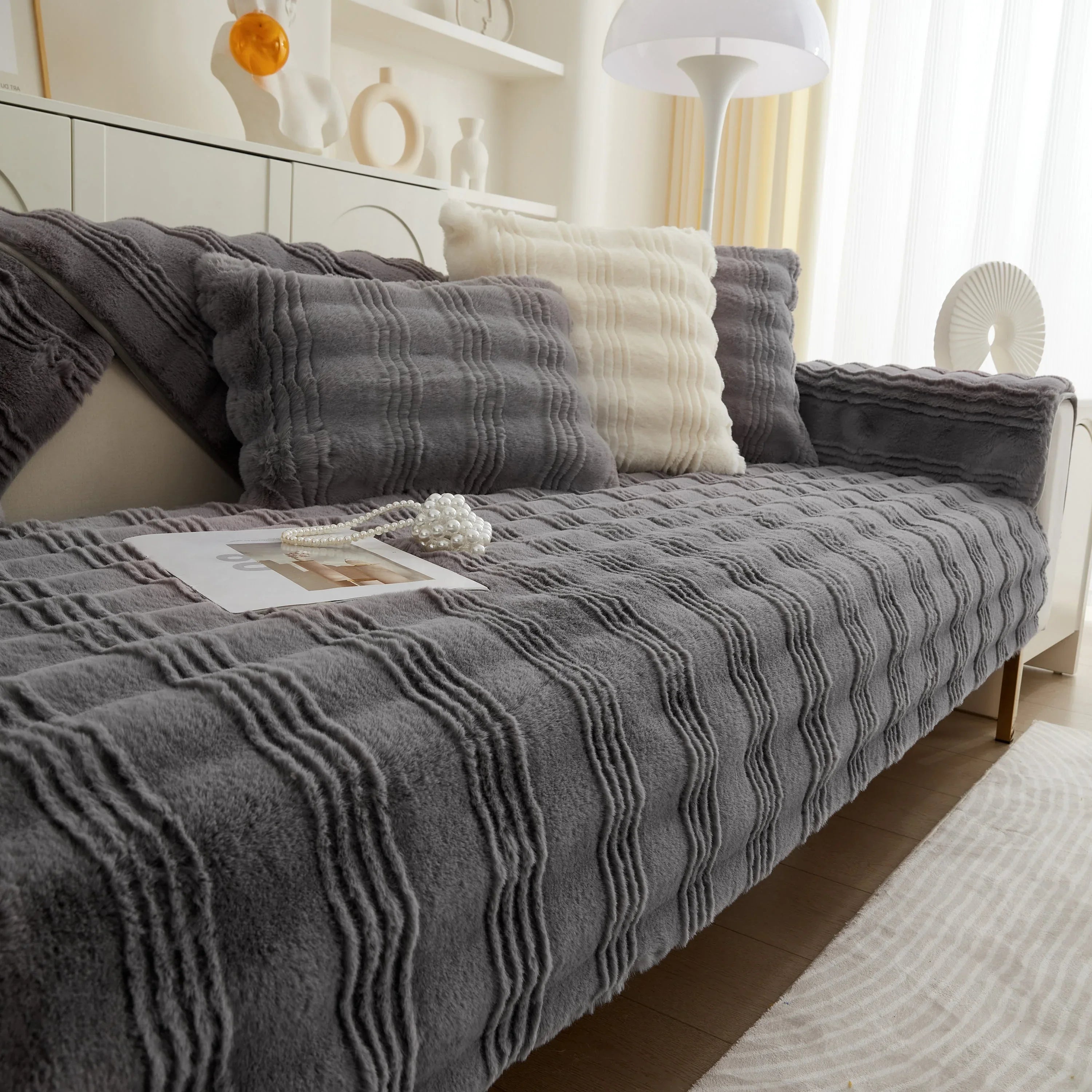 Soft Thick Faux Fur Sofa Cover Stripe Fluffy Fuzzy Non-Slip Washable Couch Covers - TaroTextile