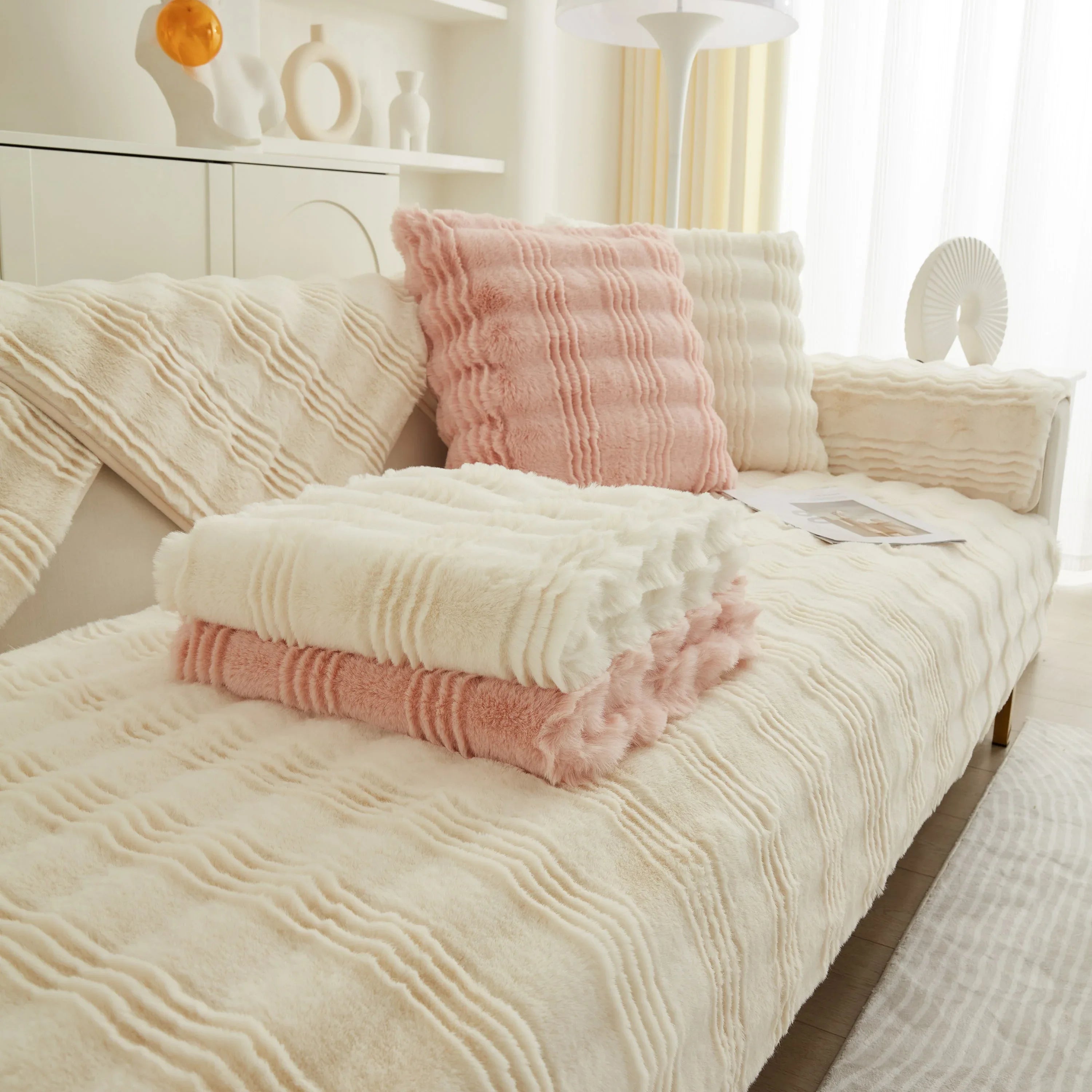 Soft Thick Faux Fur Sofa Cover Stripe Fluffy Fuzzy Non-Slip Washable Couch Covers - TaroTextile
