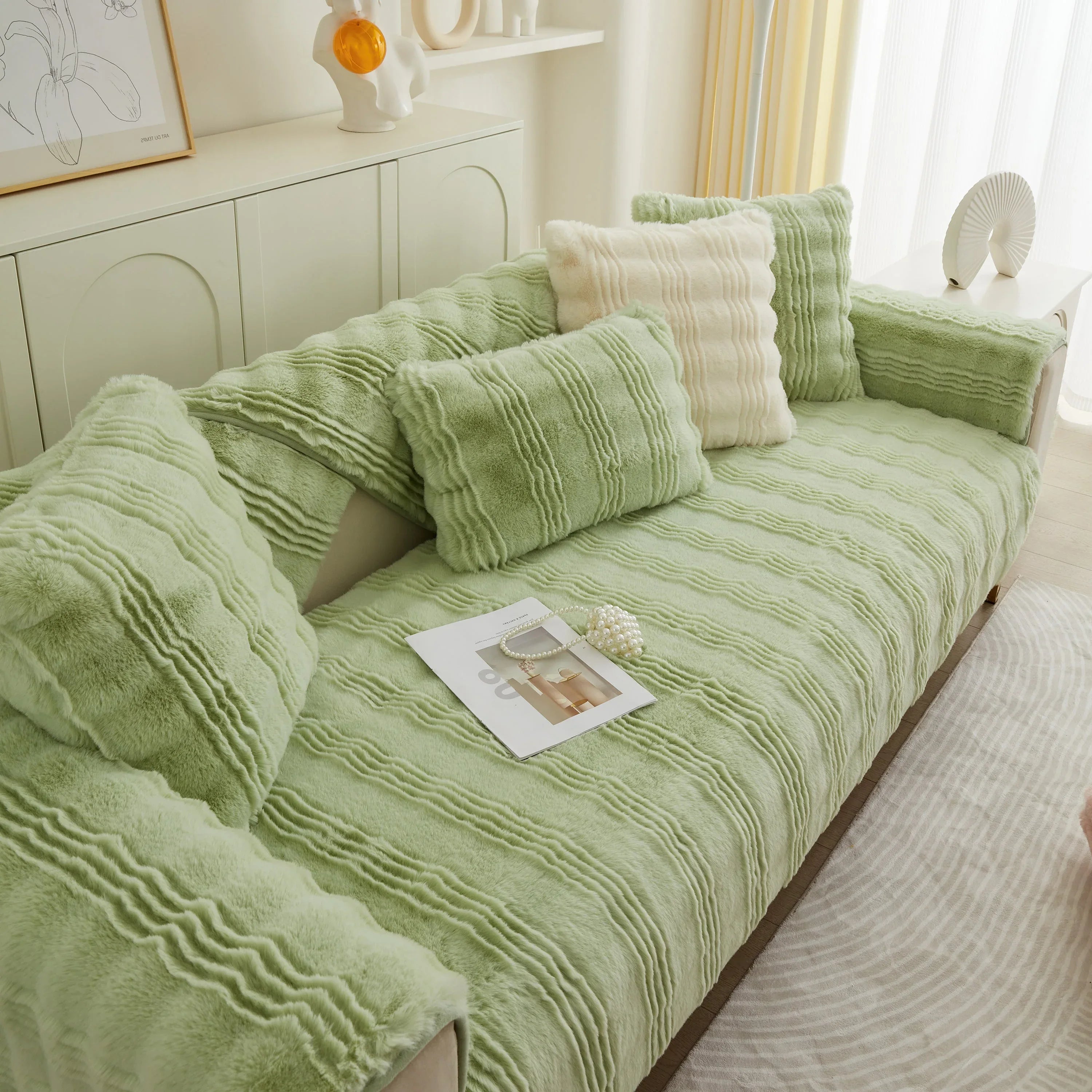 Soft Thick Faux Fur Sofa Cover Stripe Fluffy Fuzzy Non-Slip Washable Couch Covers - TaroTextile