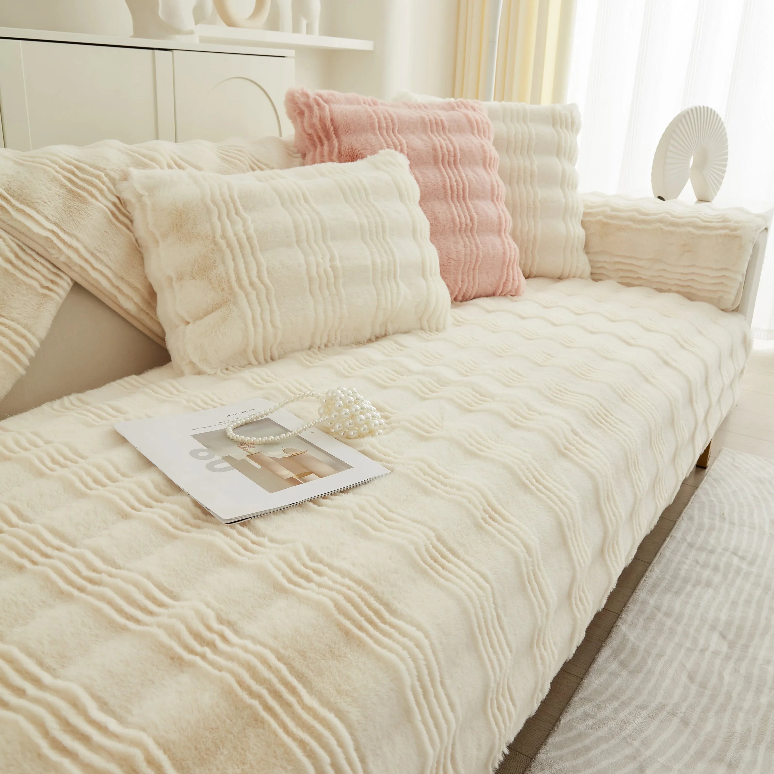 Soft Thick Faux Fur Sofa Cover Stripe Fluffy Fuzzy Non-Slip Washable Couch Covers - TaroTextile