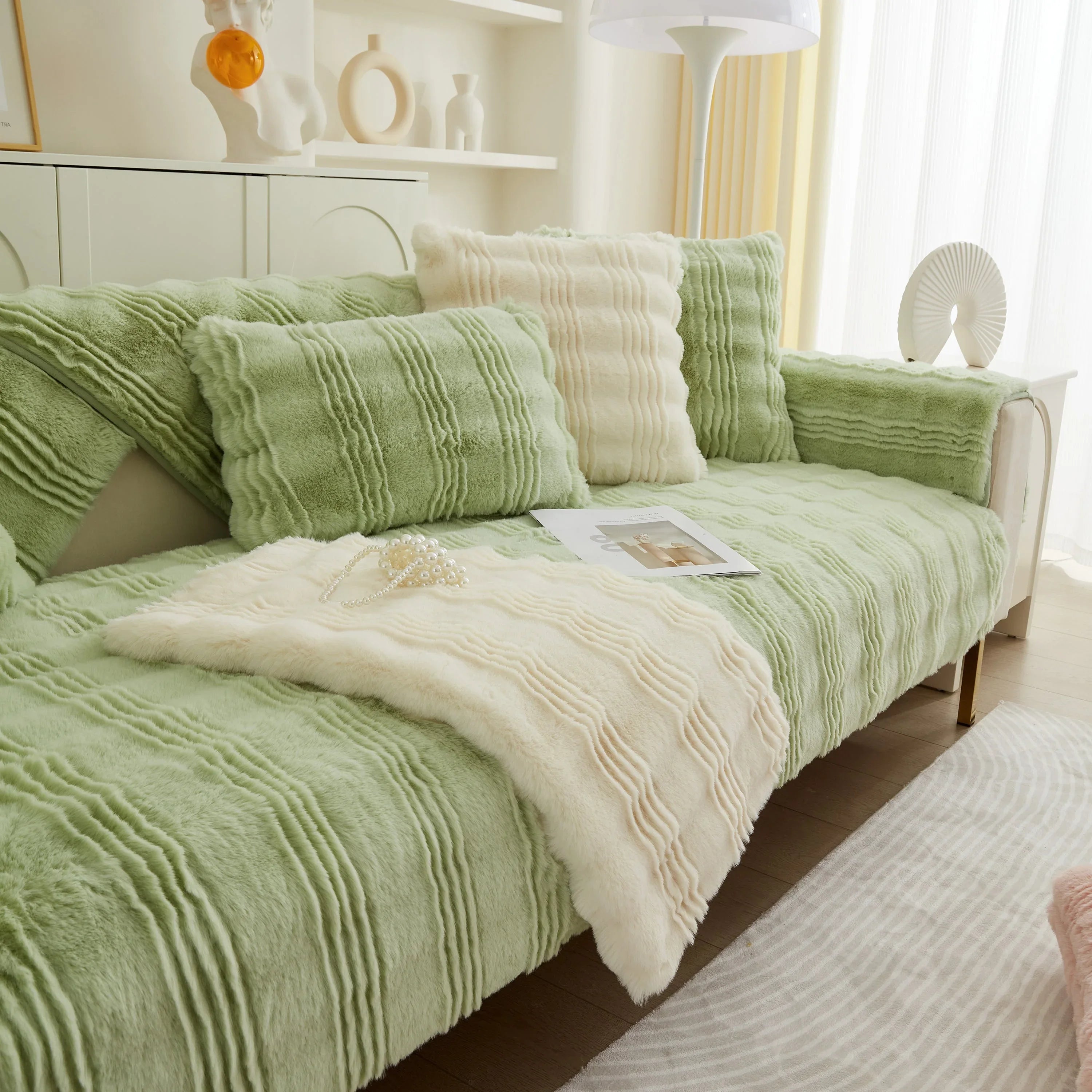 Soft Thick Faux Fur Sofa Cover Stripe Fluffy Fuzzy Non-Slip Washable Couch Covers - TaroTextile