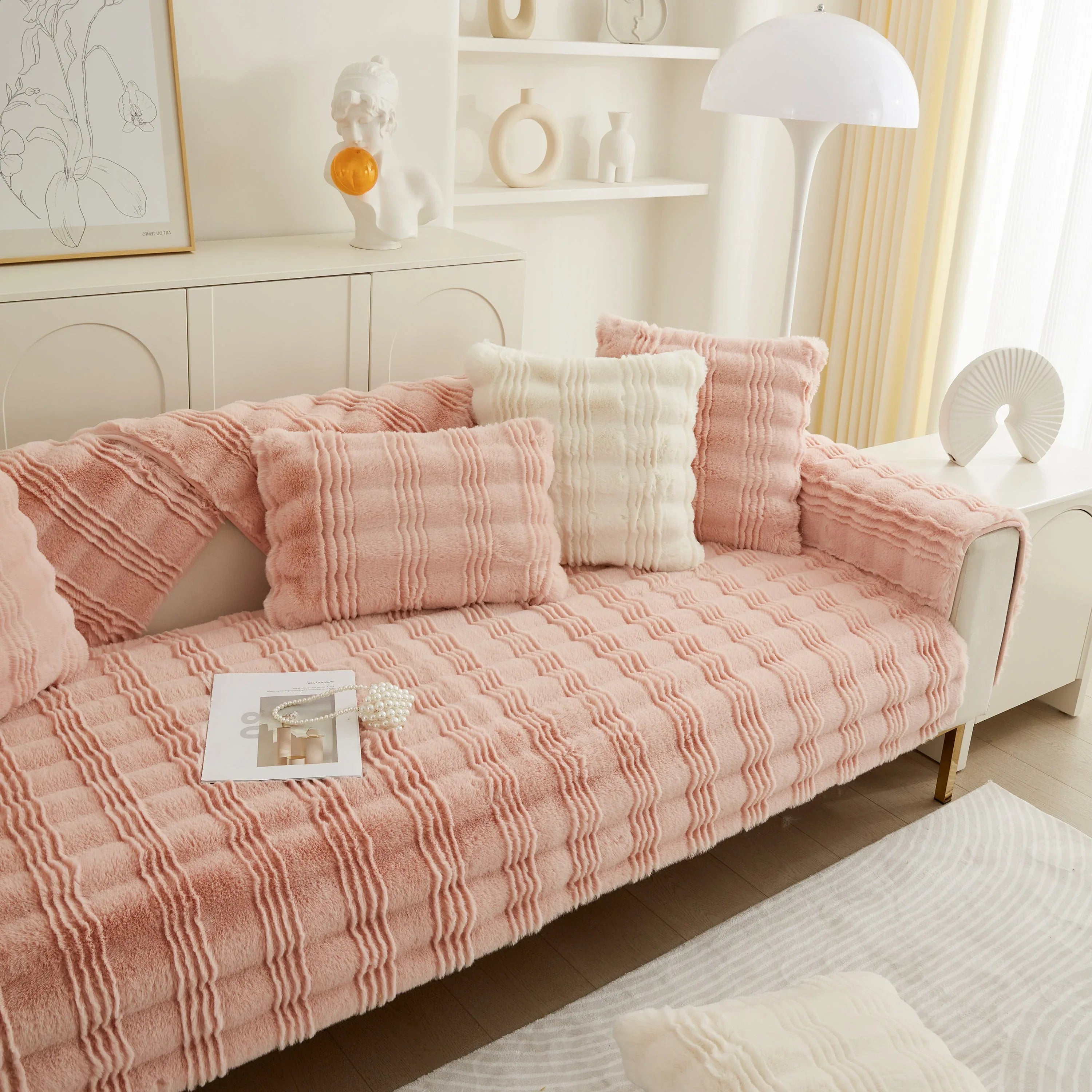 Soft Thick Faux Fur Sofa Cover Stripe Fluffy Fuzzy Non-Slip Washable Couch Covers - TaroTextile