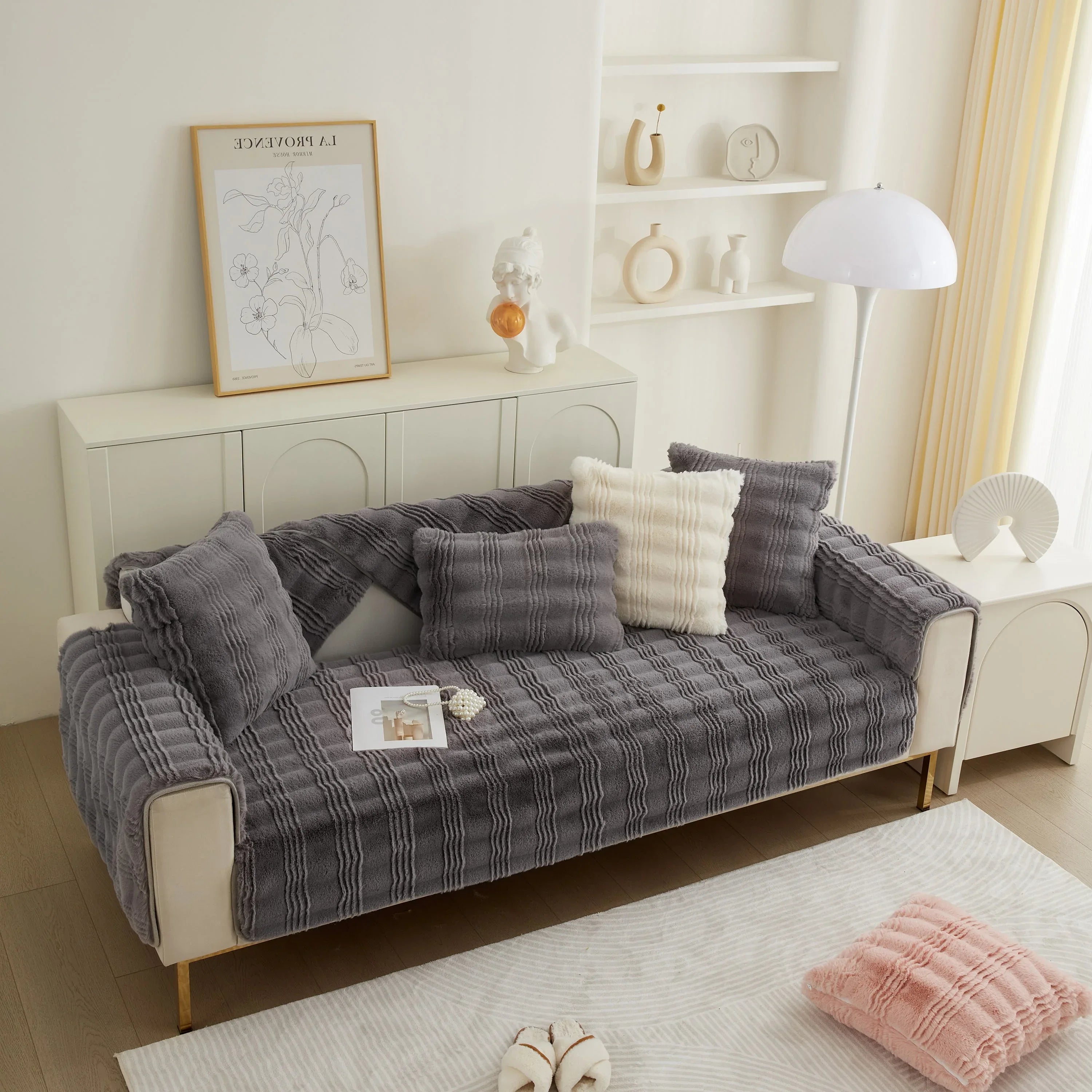 Soft Thick Faux Fur Sofa Cover Stripe Fluffy Fuzzy Non-Slip Washable Couch Covers - TaroTextile