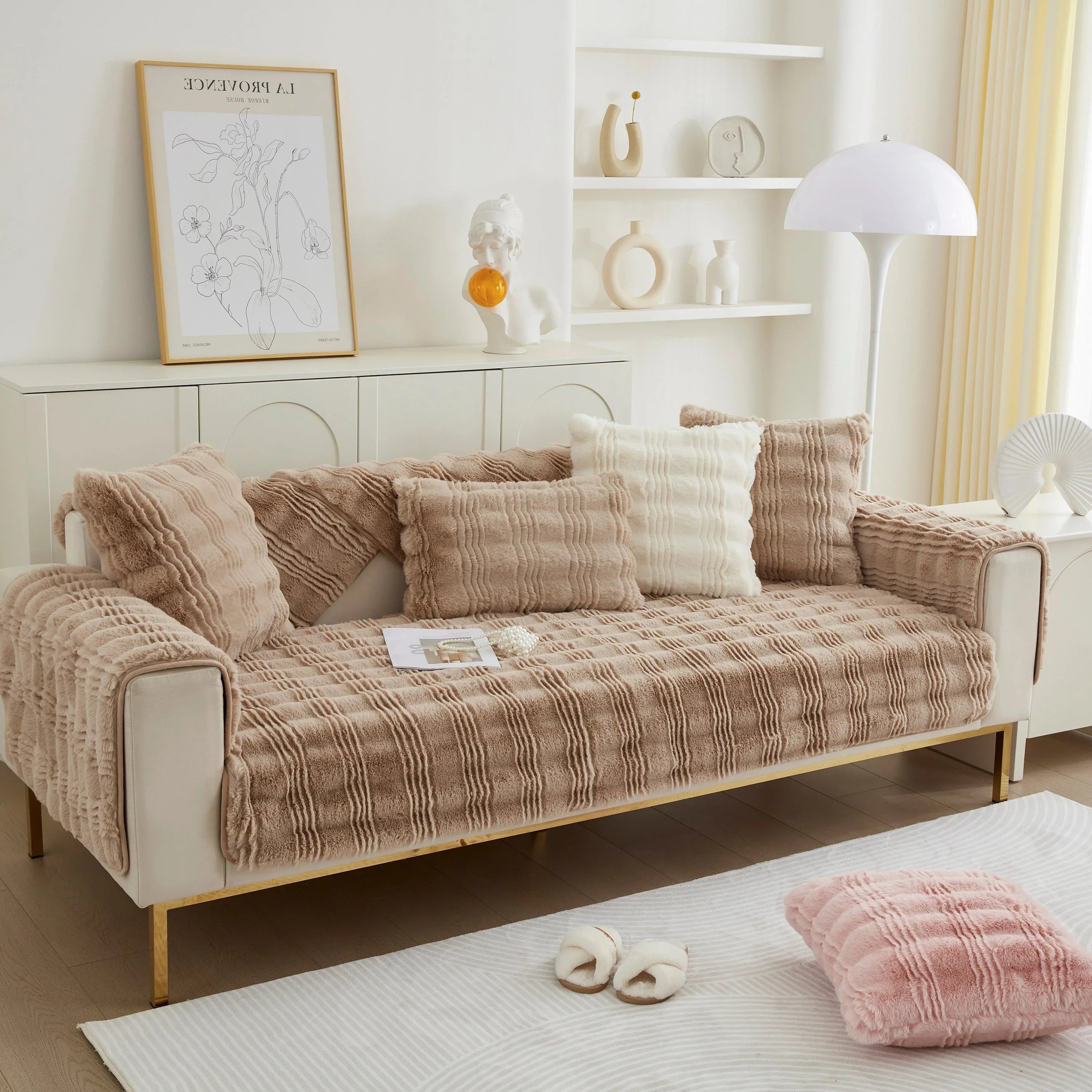 Soft Thick Faux Fur Sofa Cover Stripe Fluffy Fuzzy Non-Slip Washable Couch Covers - TaroTextile
