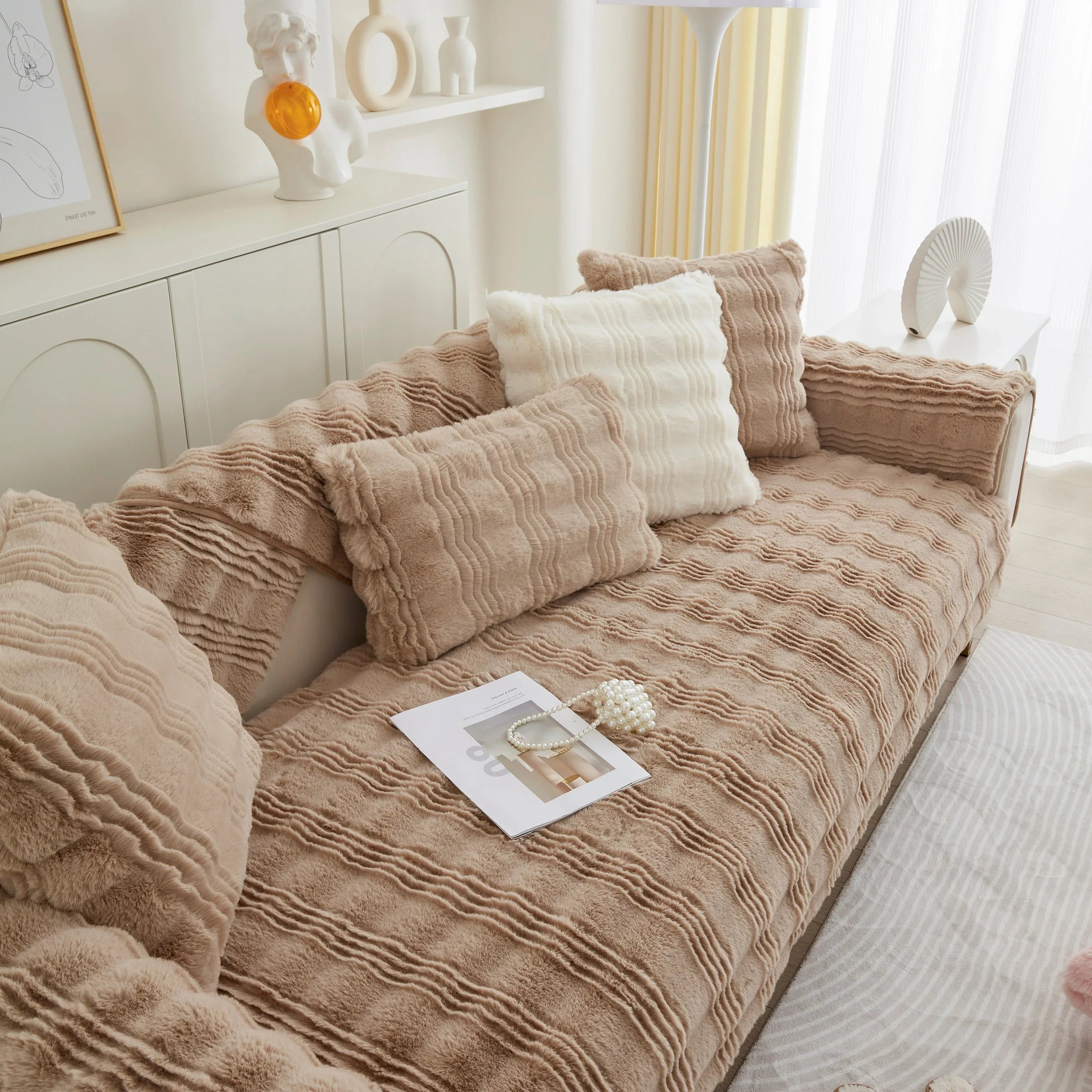 Soft Thick Faux Fur Sofa Cover Stripe Fluffy Fuzzy Non-Slip Washable Couch Covers - TaroTextile