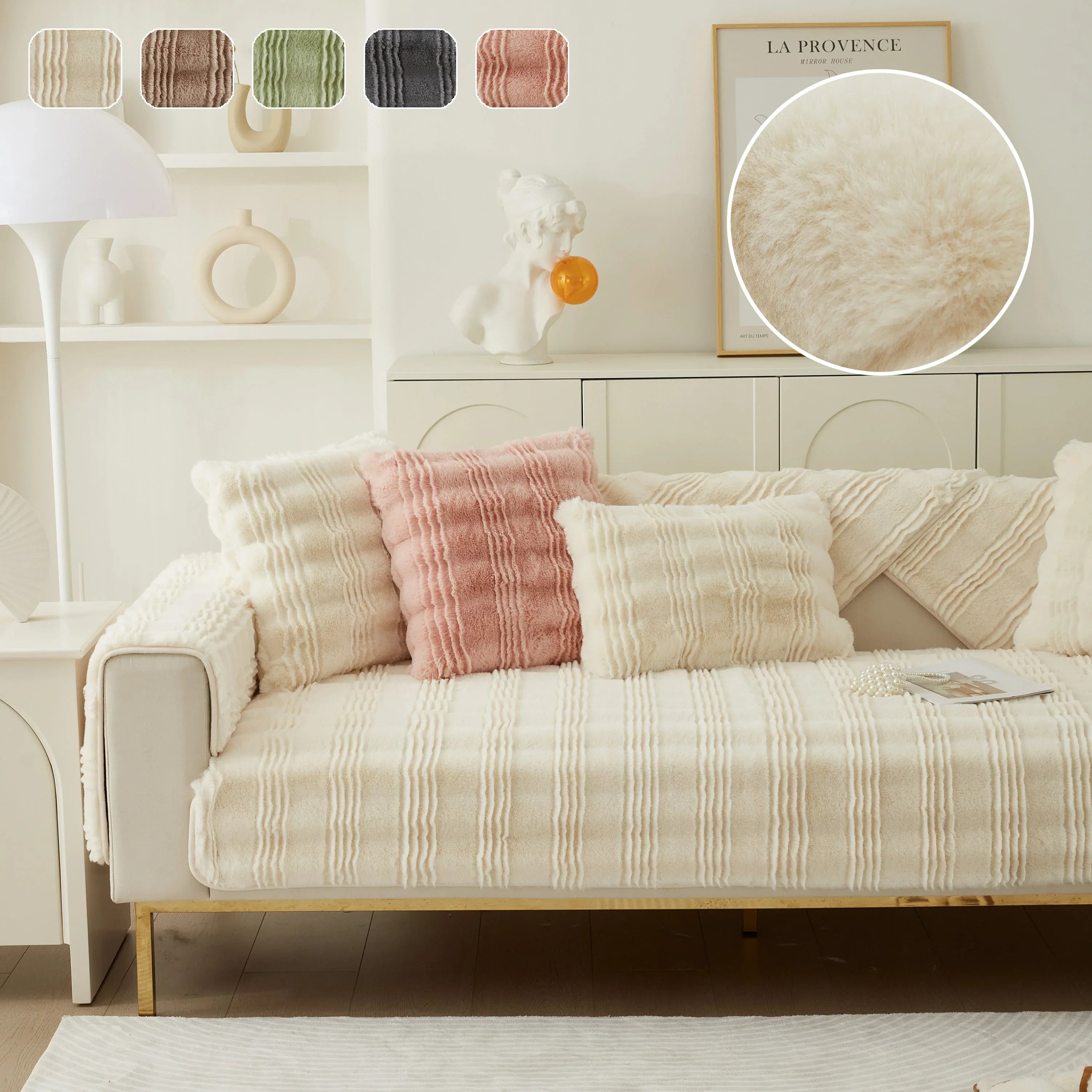 Soft Thick Faux Fur Sofa Cover Stripe Fluffy Fuzzy Non-Slip Washable Couch Covers - TaroTextile