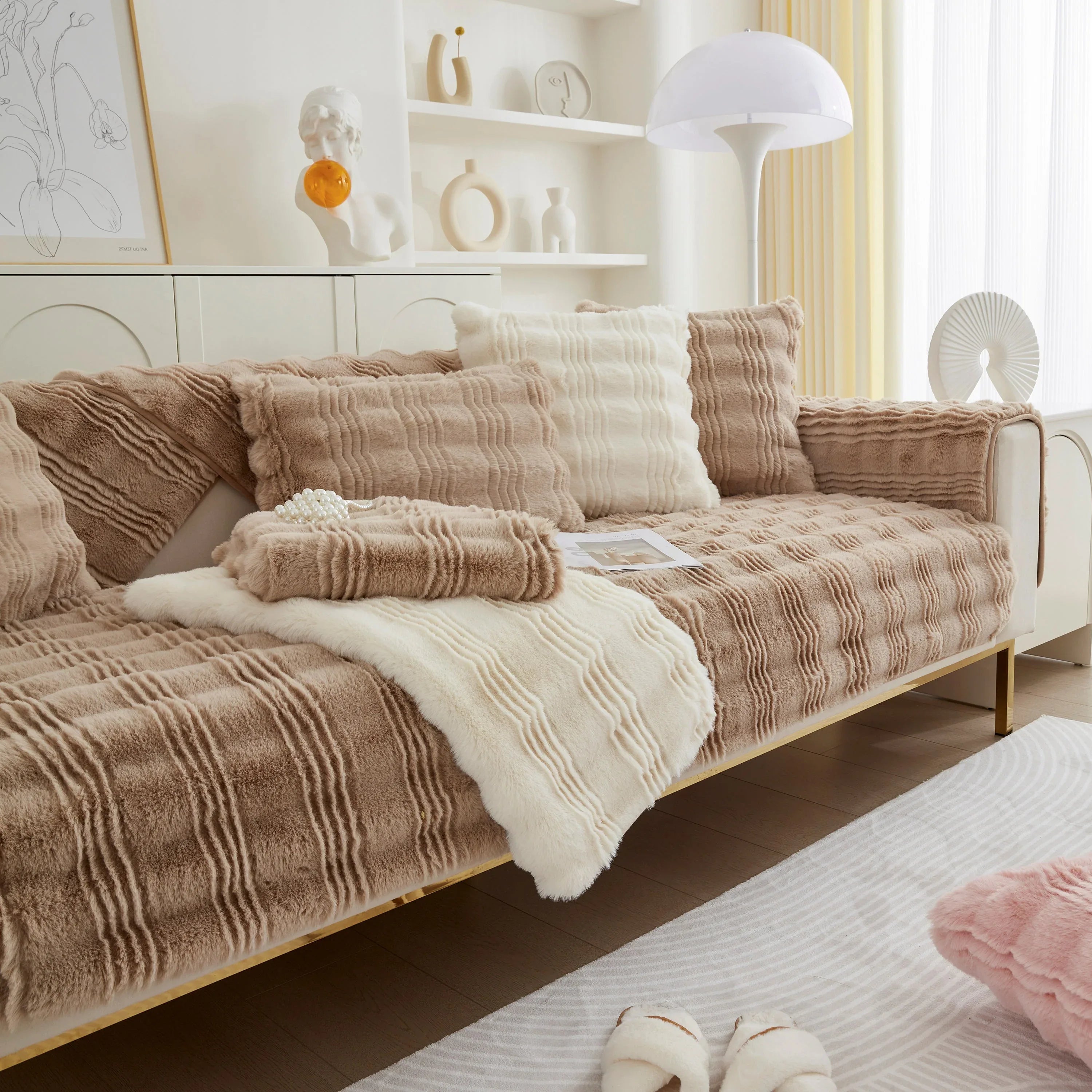 Soft Thick Faux Fur Sofa Cover Stripe Fluffy Fuzzy Non-Slip Washable Couch Covers - TaroTextile