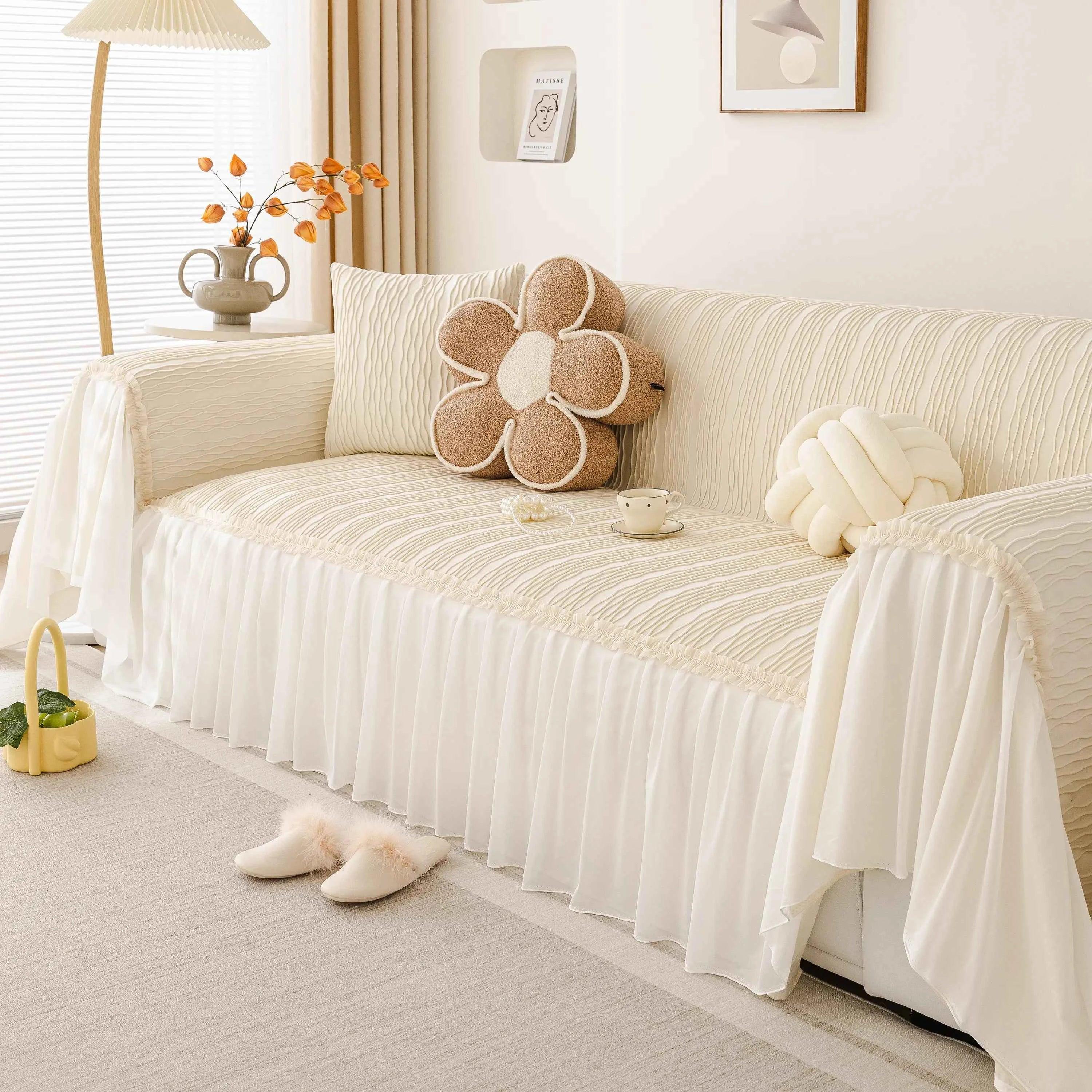 Soft Warm Flannel Couch Cover Throw Blanket with French Flounce, Beautiful Furniture Throws for Sofas - TaroTextile