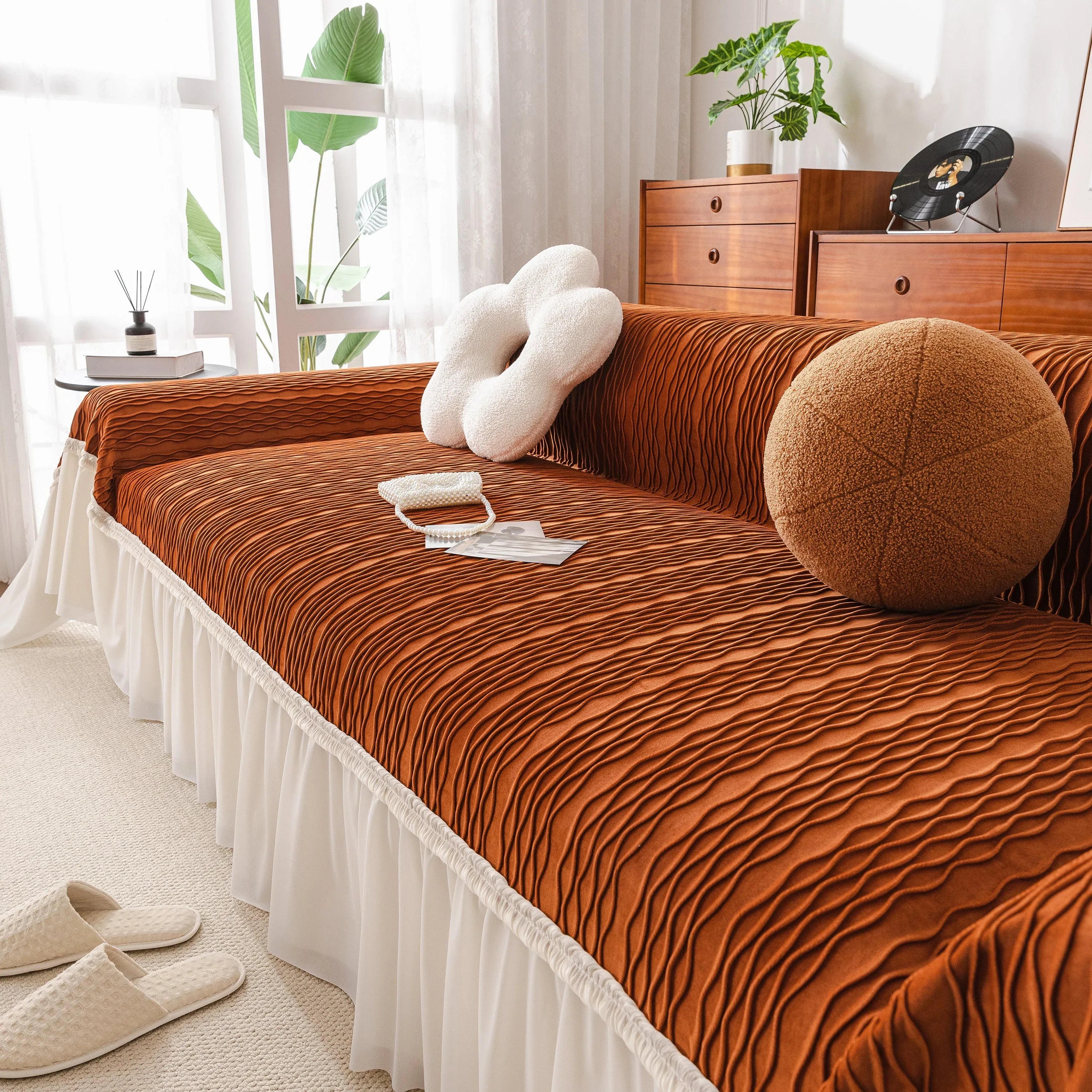 Soft Warm Flannel Couch Cover Throw Blanket with French Flounce, Beautiful Furniture Throws for Sofas - TaroTextile