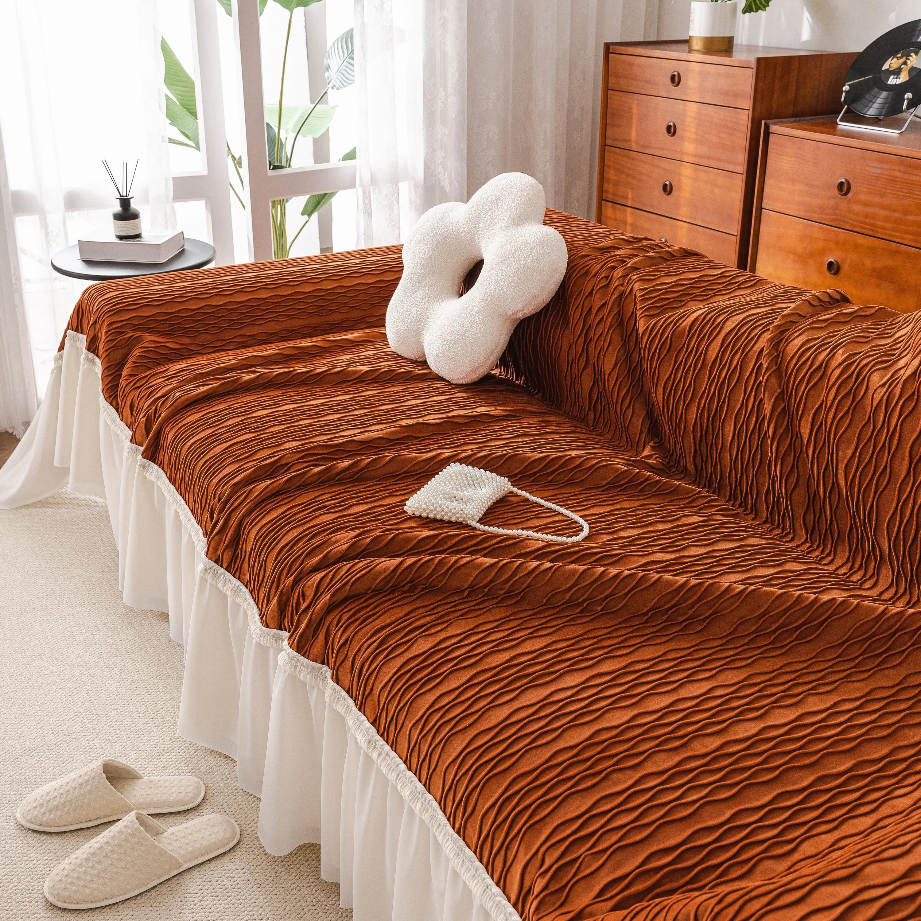 Soft Warm Flannel Couch Cover Throw Blanket with French Flounce, Beautiful Furniture Throws for Sofas - TaroTextile