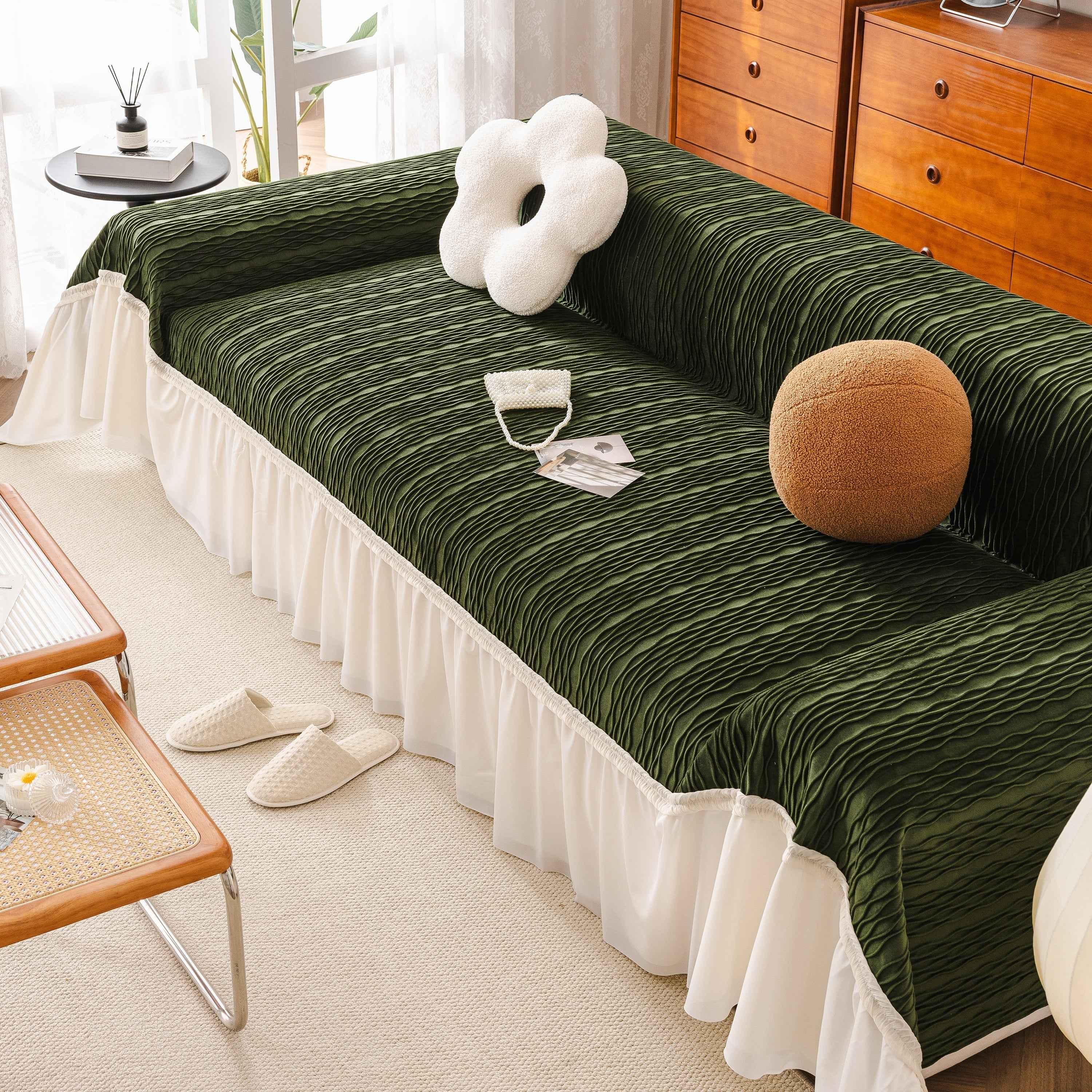 Soft Warm Flannel Couch Cover Throw Blanket with French Flounce, Beautiful Furniture Throws for Sofas - TaroTextile