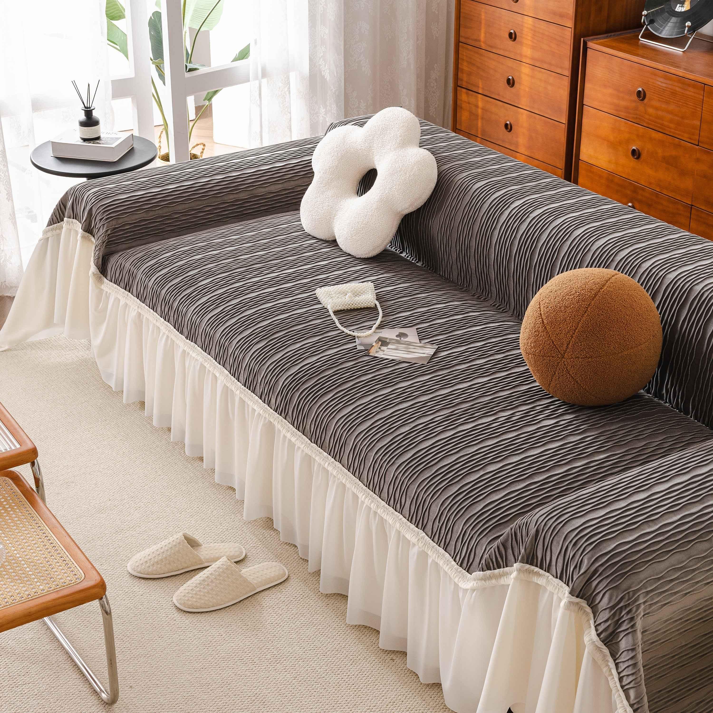 Soft Warm Flannel Couch Cover Throw Blanket with French Flounce, Beautiful Furniture Throws for Sofas - TaroTextile