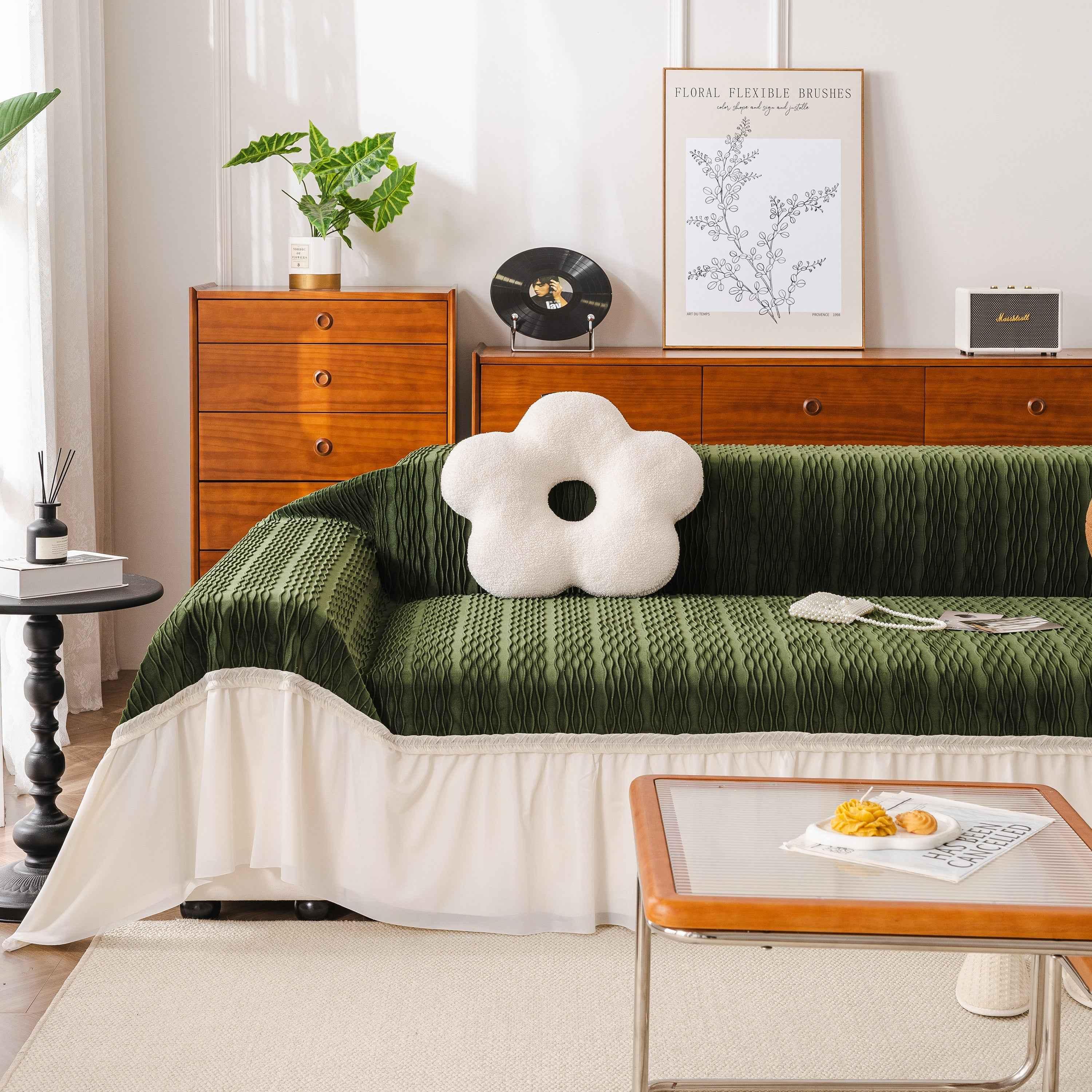 Soft Warm Flannel Couch Cover Throw Blanket with French Flounce, Beautiful Furniture Throws for Sofas - TaroTextile