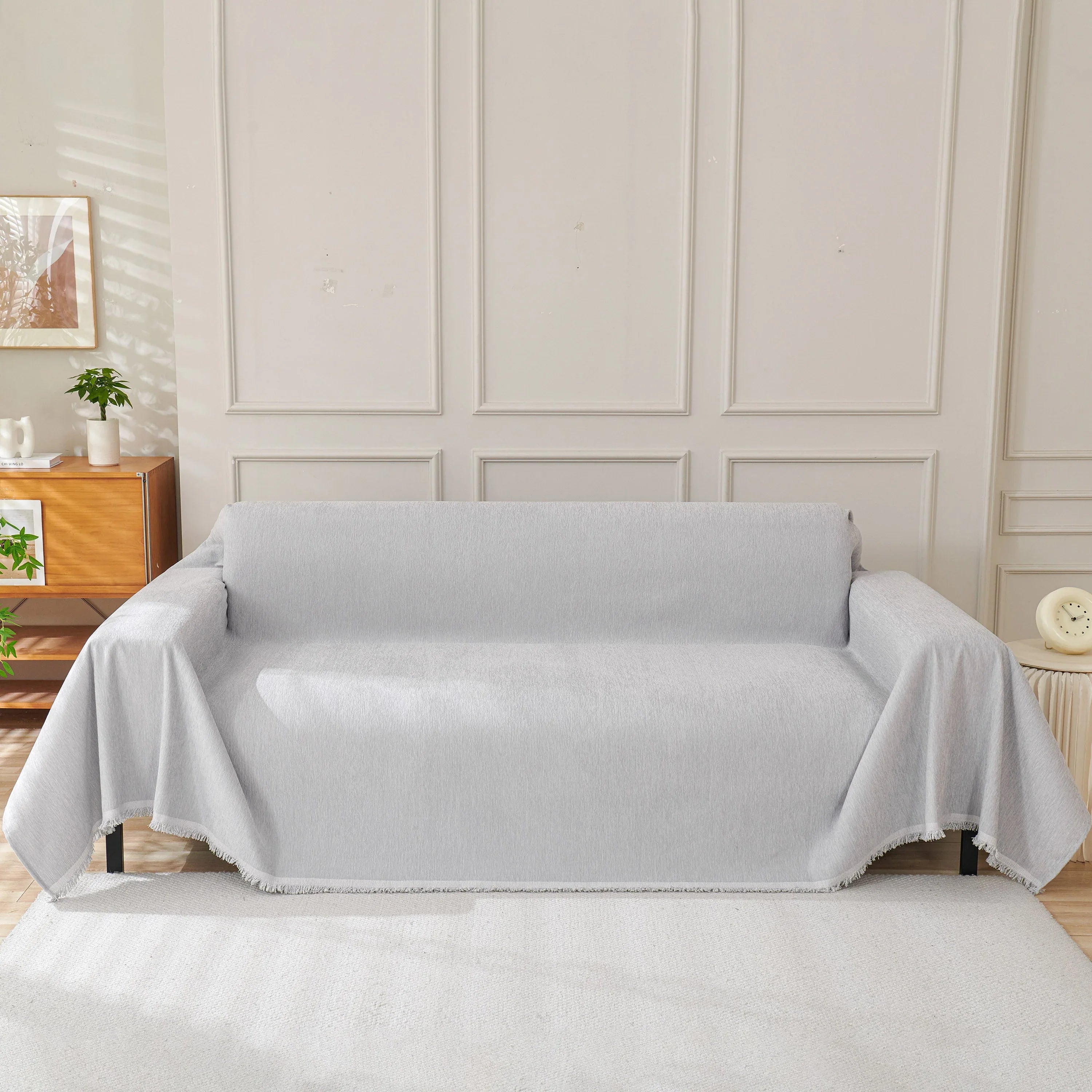 Solid Color Chenille Sofa Throw Blanket, Cozy & Easy Care Fringed Furniture Protector - TaroTextile